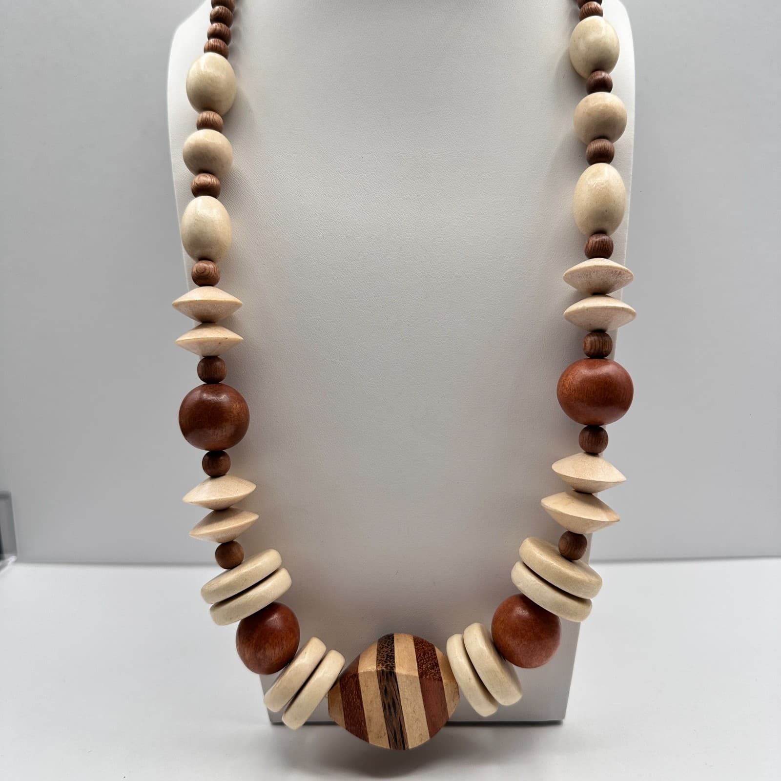 Vintage 90s Wooden Statement Necklace Multi-Shape Brown Cream Beads Boho - Image 1