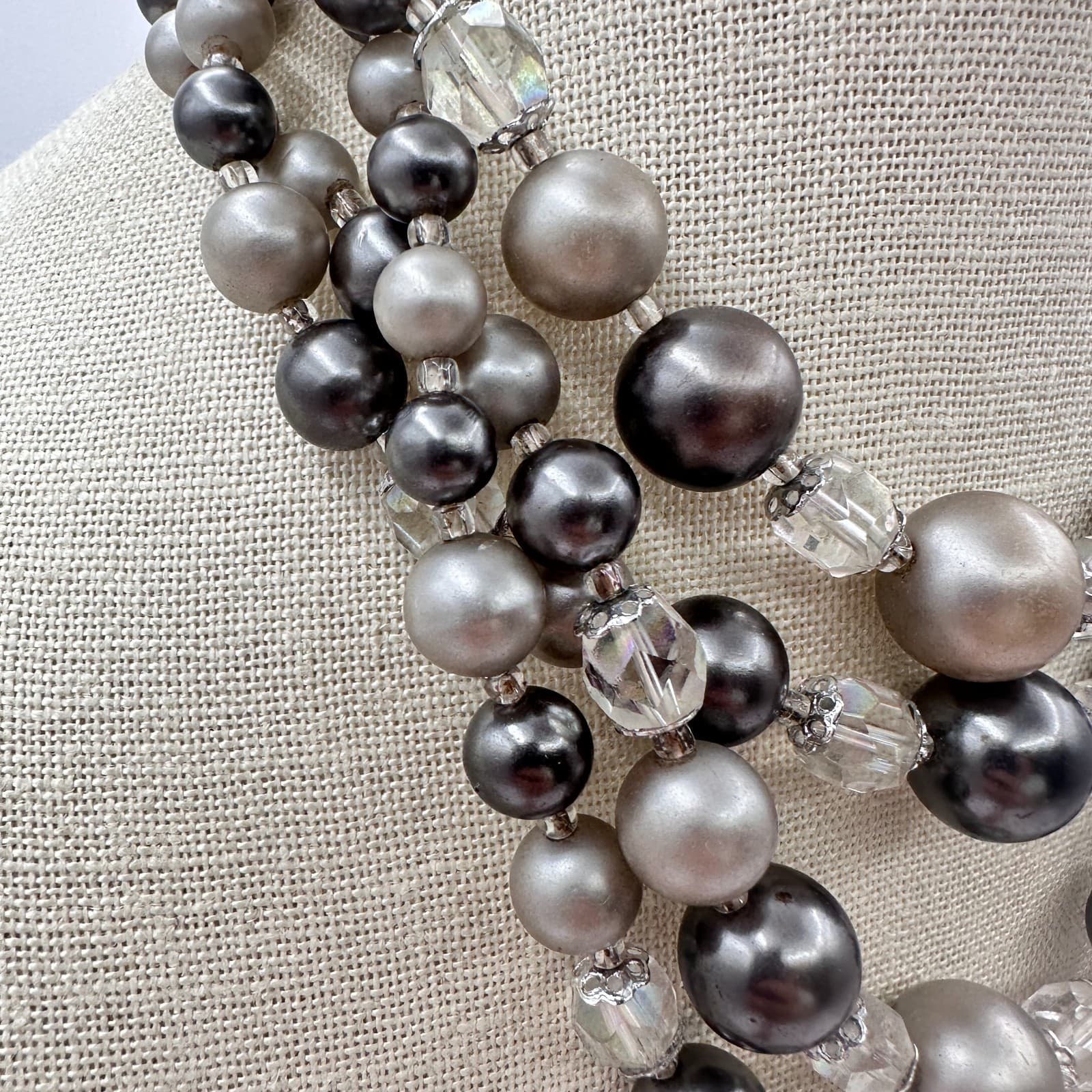 Vintage 80s Multi-Strand Faux Pearl Clear Beaded Necklace Silver Tone Jewelry - Thumbnail 4