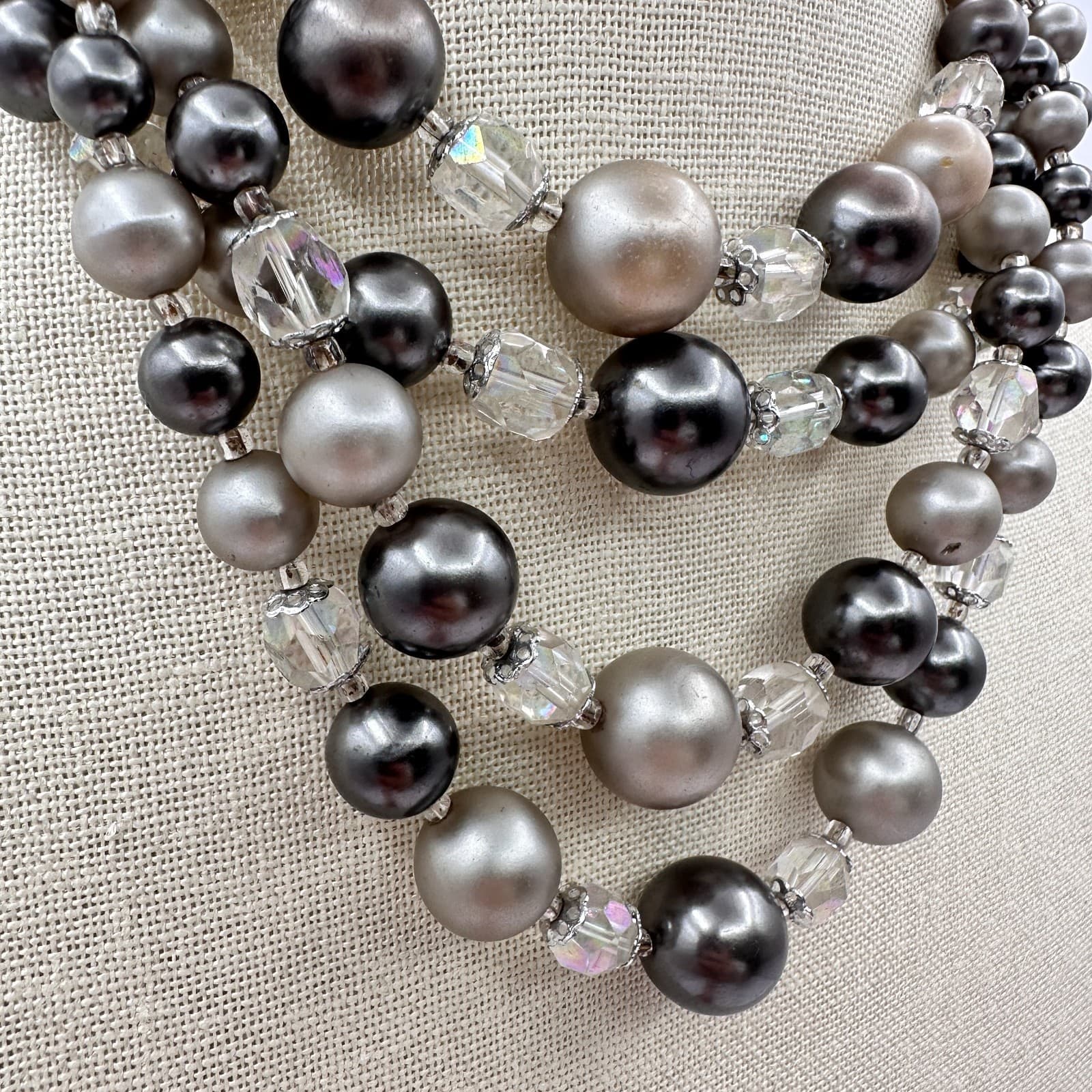 Vintage 80s Multi-Strand Faux Pearl Clear Beaded Necklace Silver Tone Jewelry - Thumbnail 5