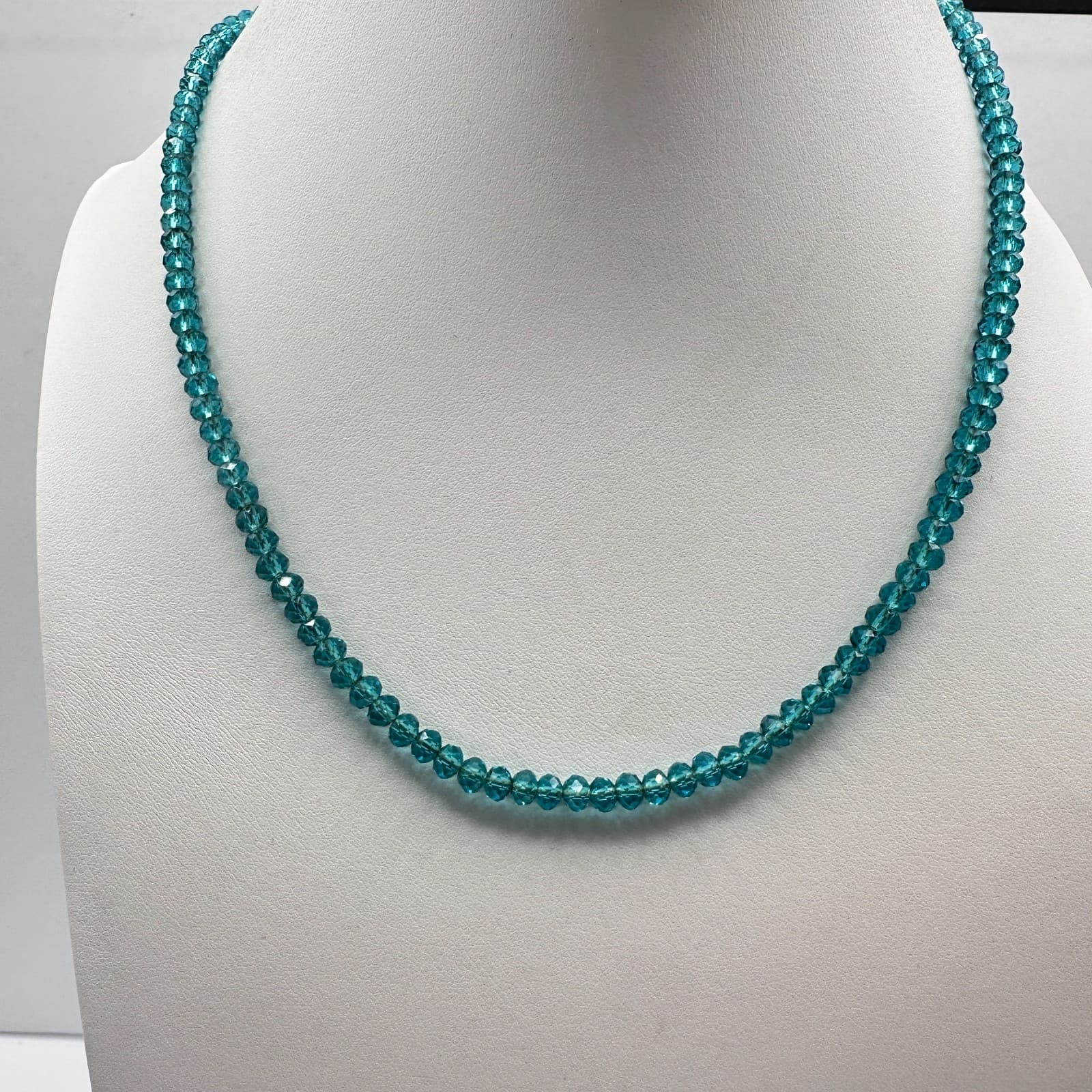Vintage 90s Teal Blue Glass Bead Necklace Gold Tone Barrel Clasp Fashion Jewelry - Thumbnail 2