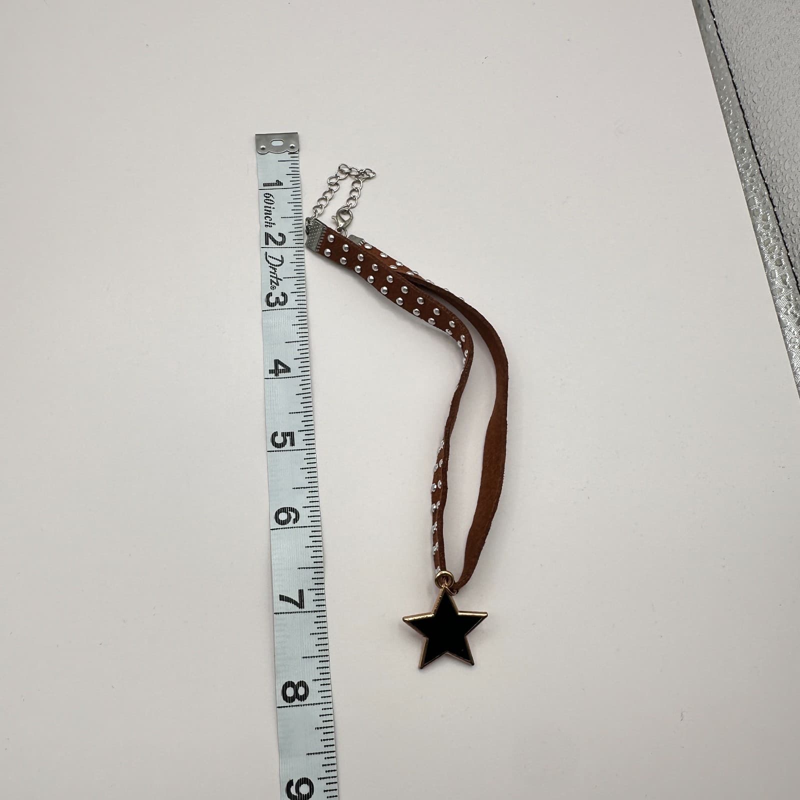 Vintage 90s Brown Studded Black Enamel Star Pendant Necklace Silver Tone Jewelry - Thumbnail 8