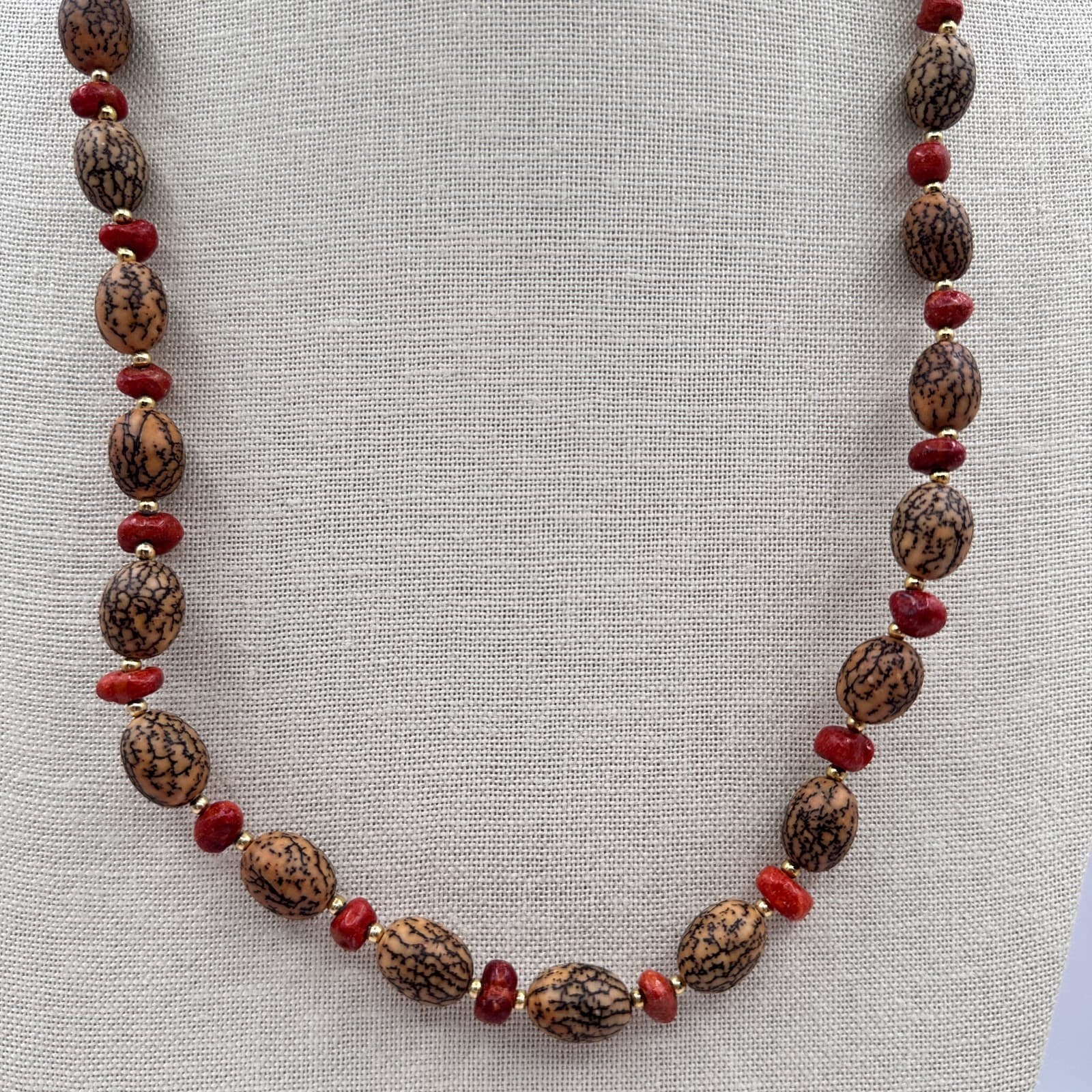 Vintage 90s Gold Tone Jasper & Wooden Beaded Necklace Women's Classic Jewelry - Thumbnail 2