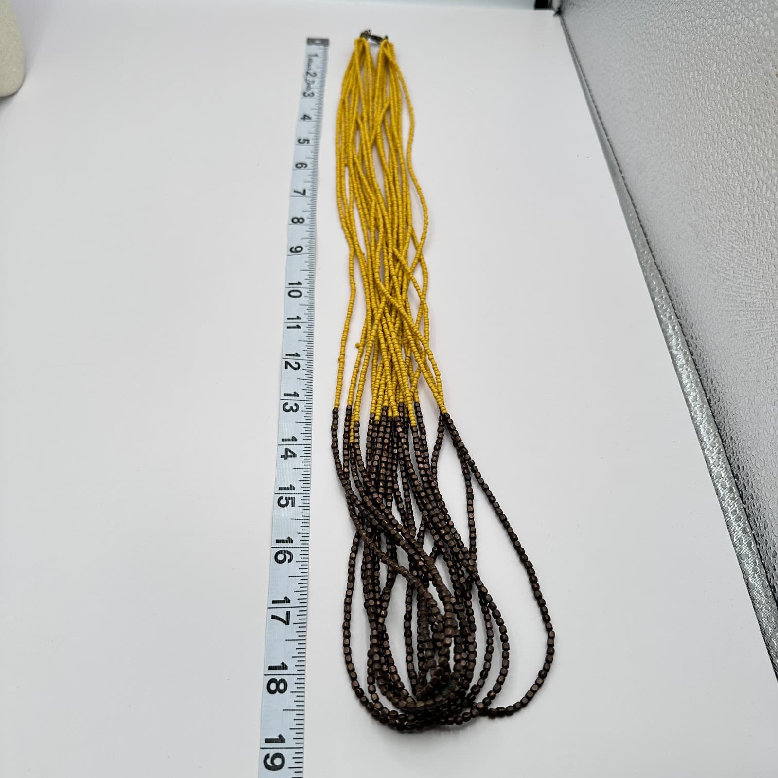 Vintage 90s Yellow & Brown Multi Strand Seed Beaded Necklace Women's Jewelry - Thumbnail 9