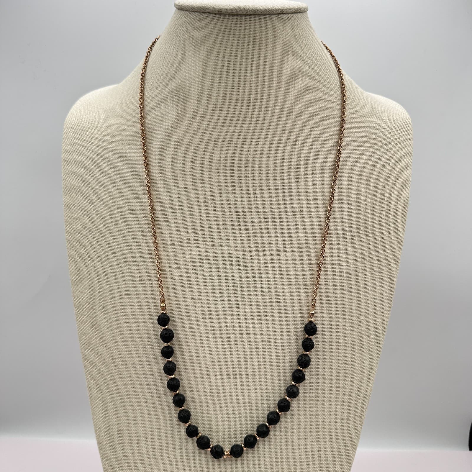 Vintage 90s Gold Tone Black Lava Rock Beaded Necklace Women's Jewelry - Thumbnail 7
