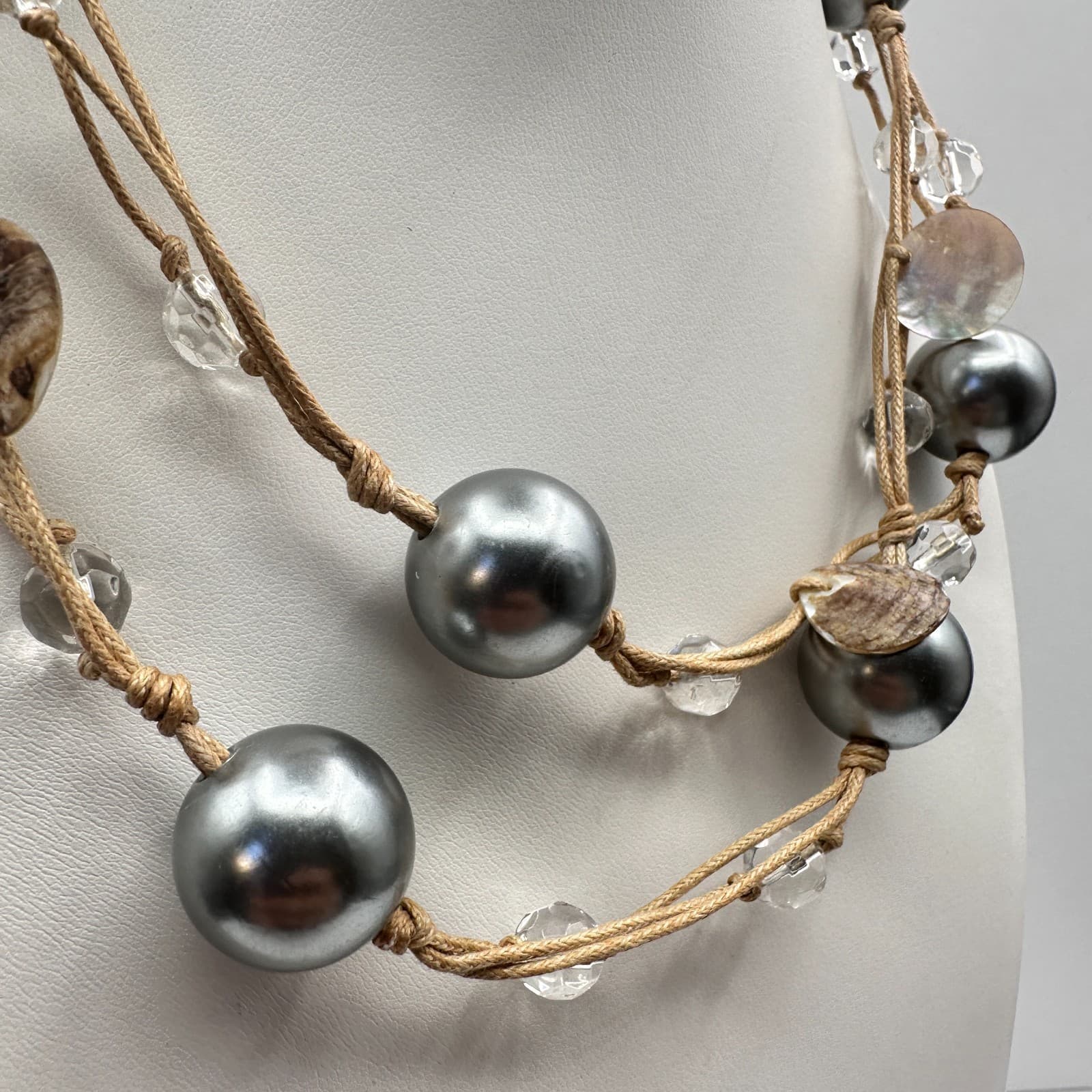 Vintage 90s Beaded Brown Cord Double Strand Statement Necklace Women's Jewelry - Thumbnail 3