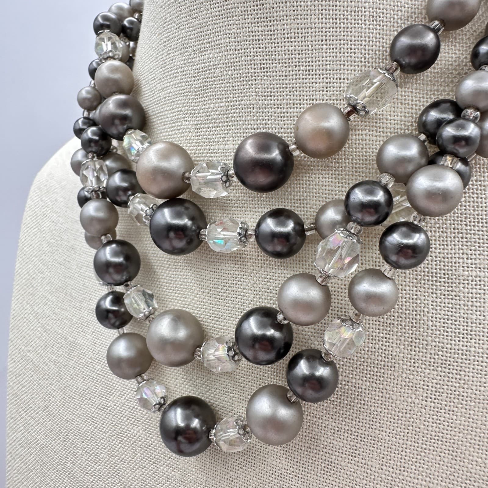 Vintage 80s Multi-Strand Faux Pearl Clear Beaded Necklace Silver Tone Jewelry - Thumbnail 6
