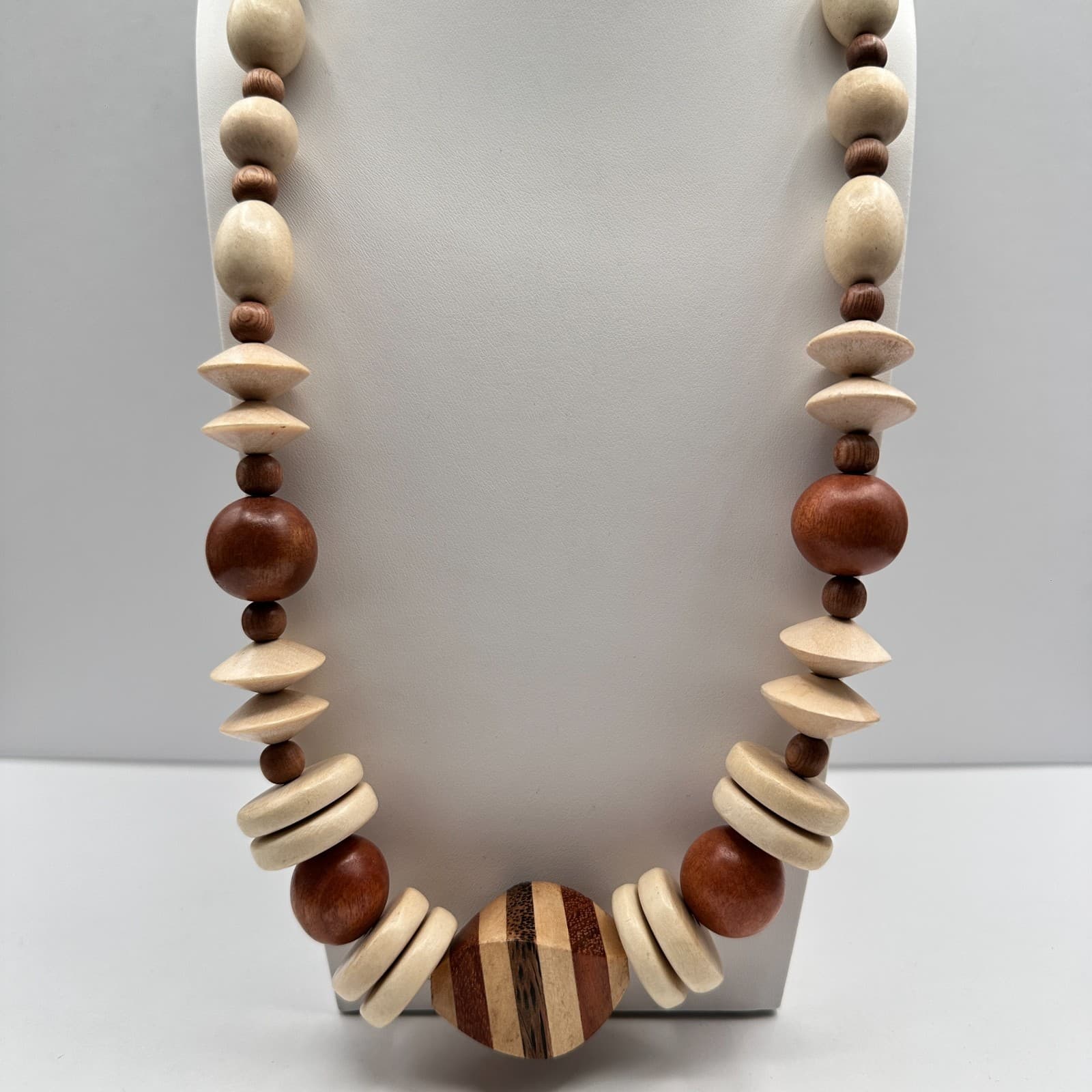 Vintage 90s Wooden Statement Necklace Multi-Shape Brown Cream Beads Boho - Thumbnail 7