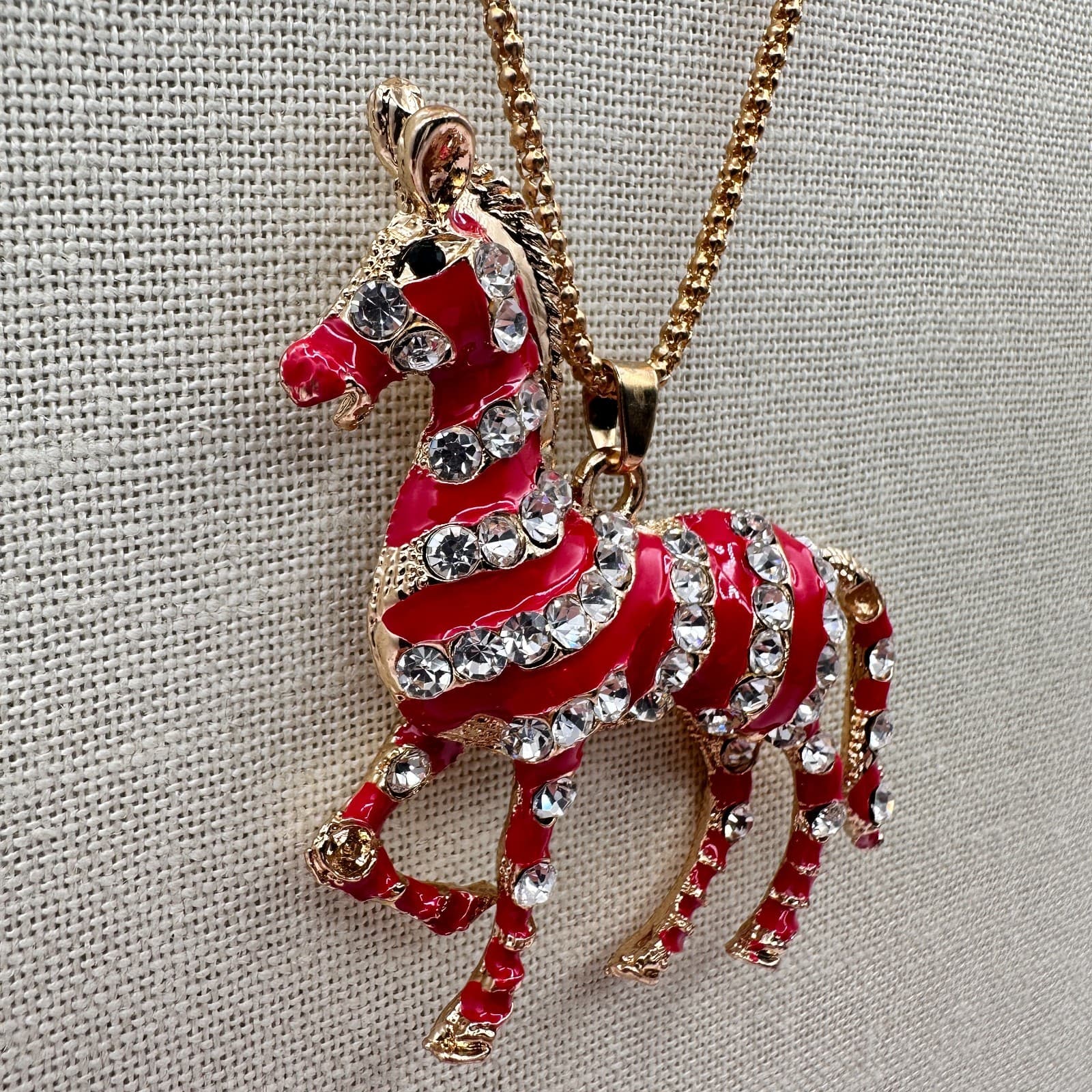 Vintage Betsy Johnson 90s Red Rhinestone Zebra Pendant Necklace Gold Jewelry - Thumbnail 7