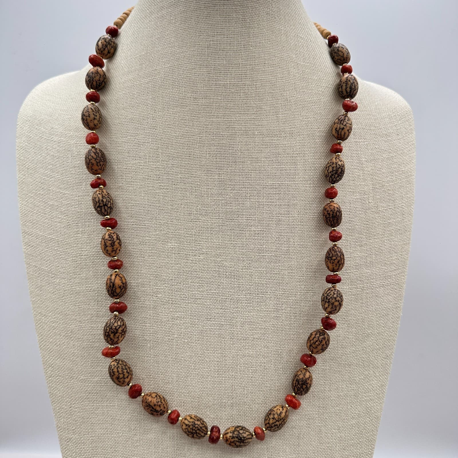 Vintage 90s Gold Tone Jasper & Wooden Beaded Necklace Women's Classic Jewelry - Thumbnail 7