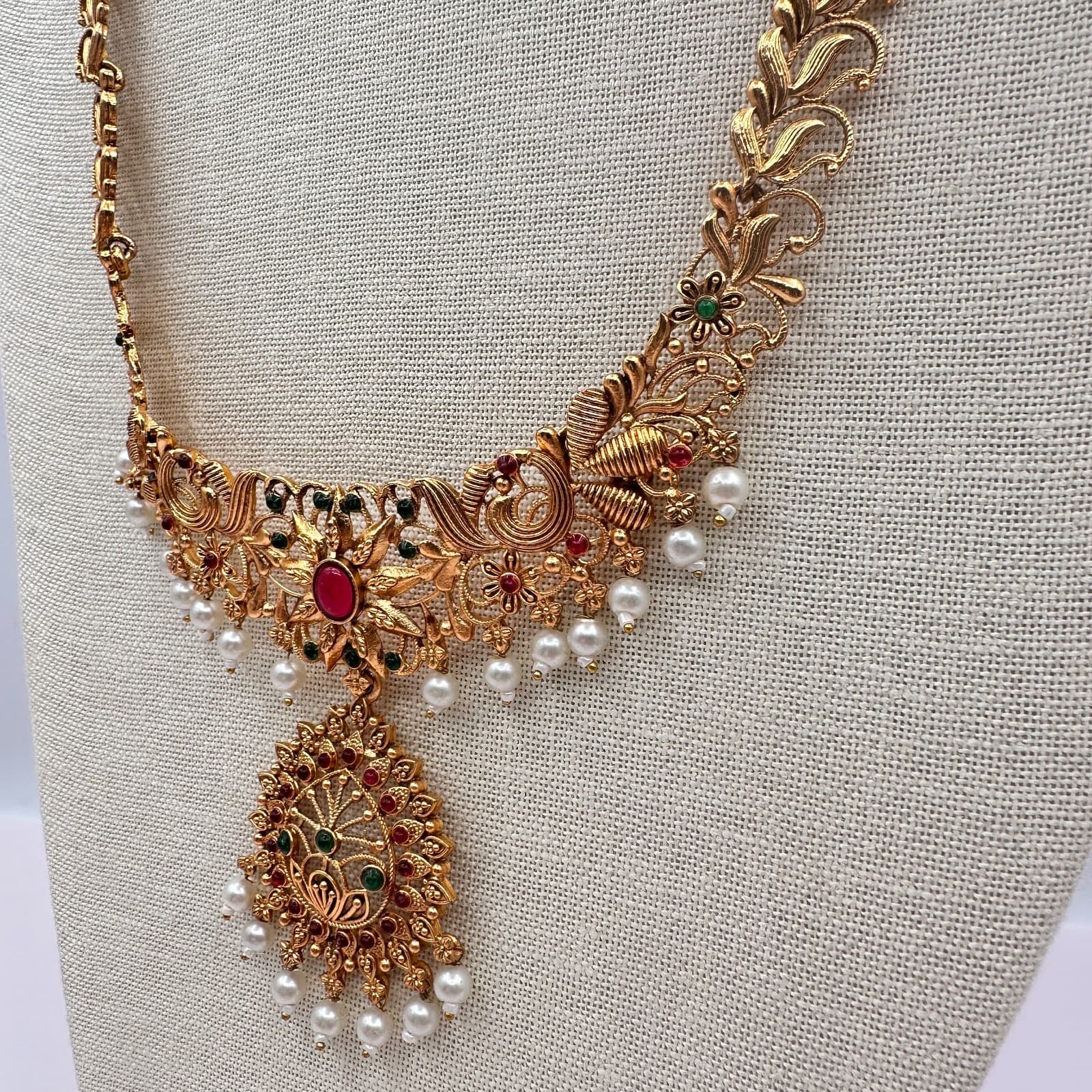 Vintage Y2K Gold Tone Cabochons Faux Pearl Necklace Women's Classic Jewelry - Thumbnail 5