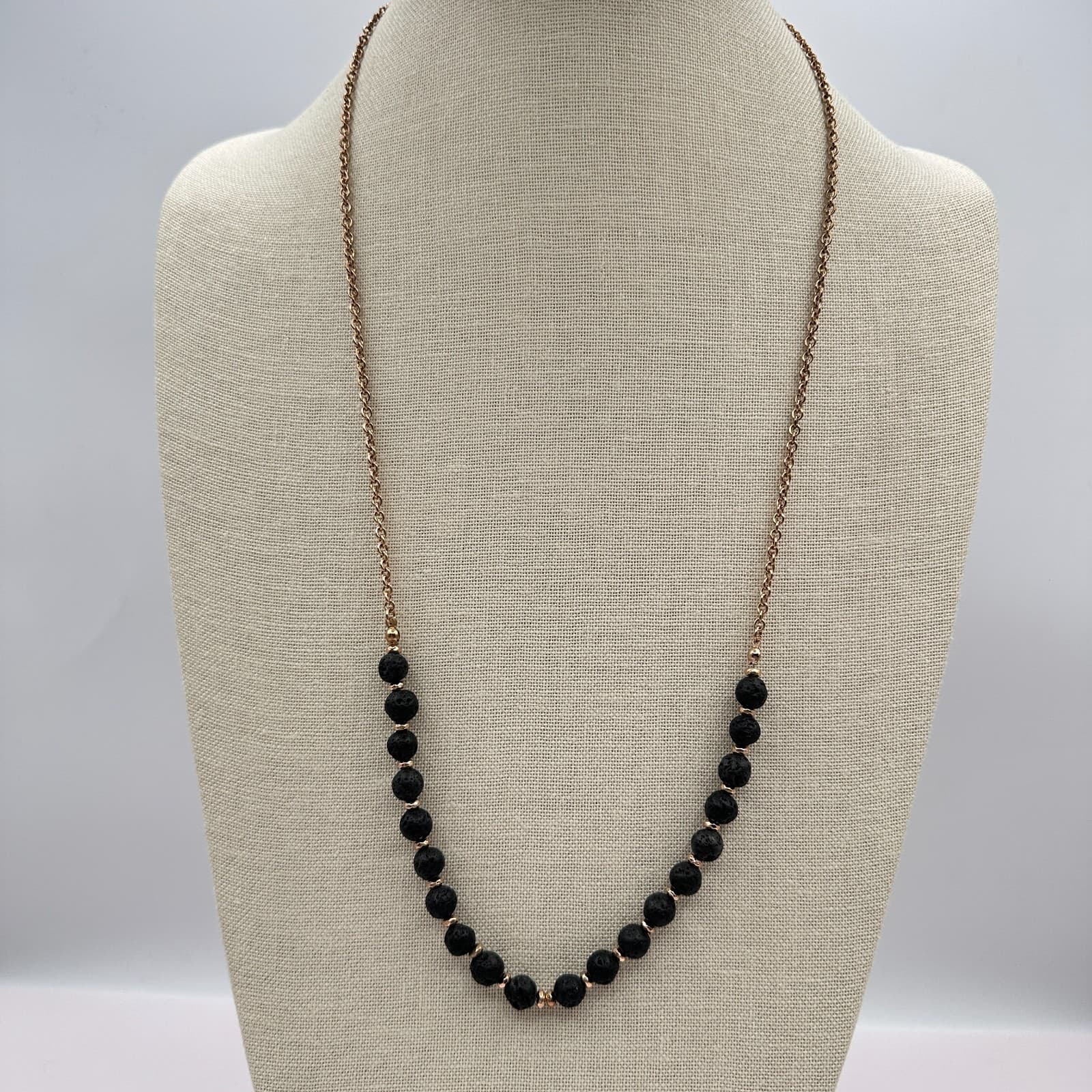 Vintage 90s Gold Tone Black Lava Rock Beaded Necklace Women's Jewelry - Thumbnail 2