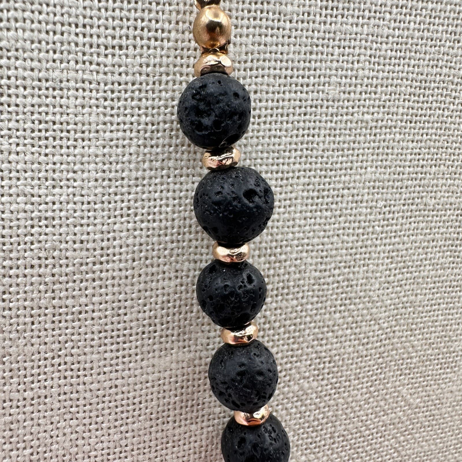 Vintage 90s Gold Tone Black Lava Rock Beaded Necklace Women's Jewelry - Thumbnail 4