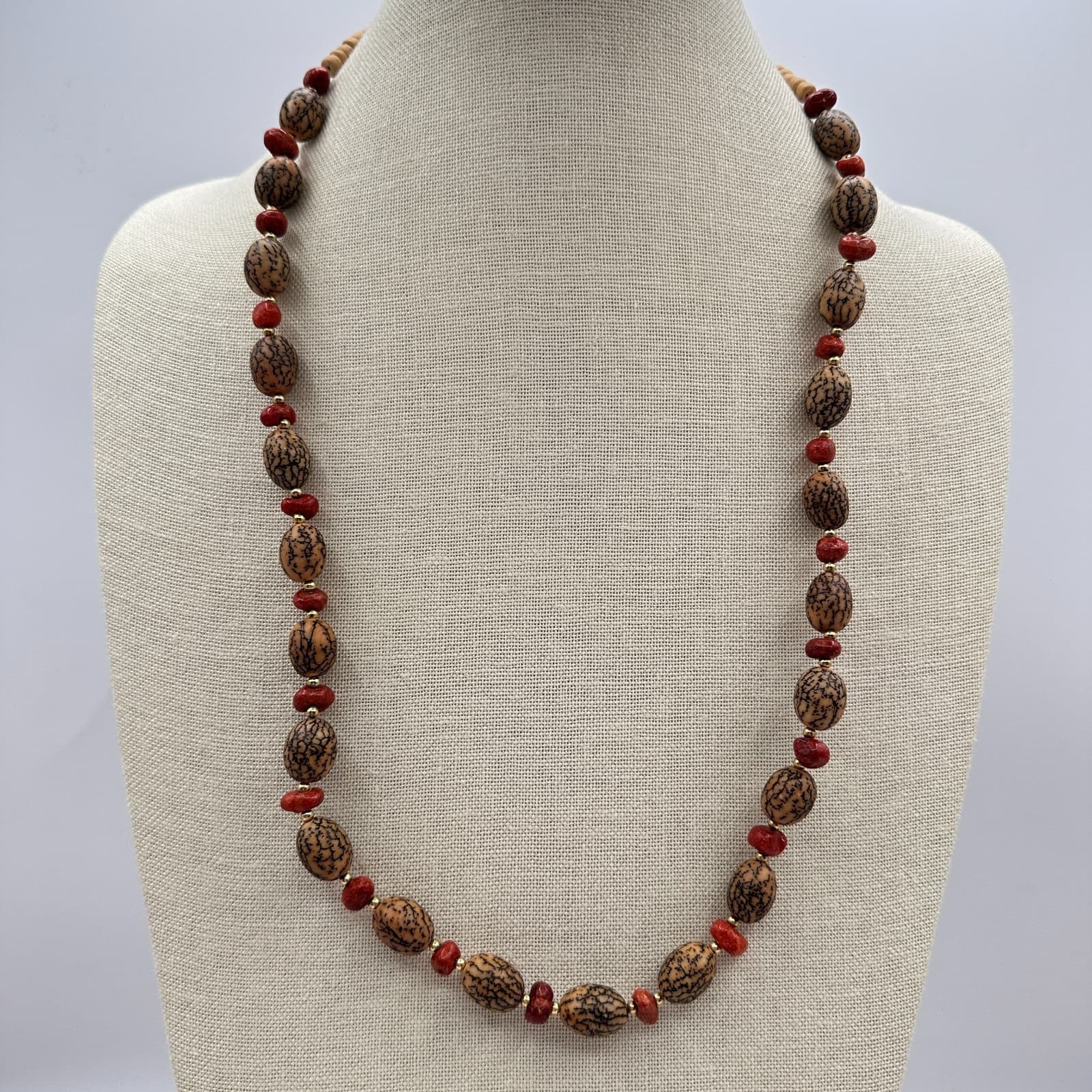 Vintage 90s Gold Tone Jasper & Wooden Beaded Necklace Women's Classic Jewelry - Image 1