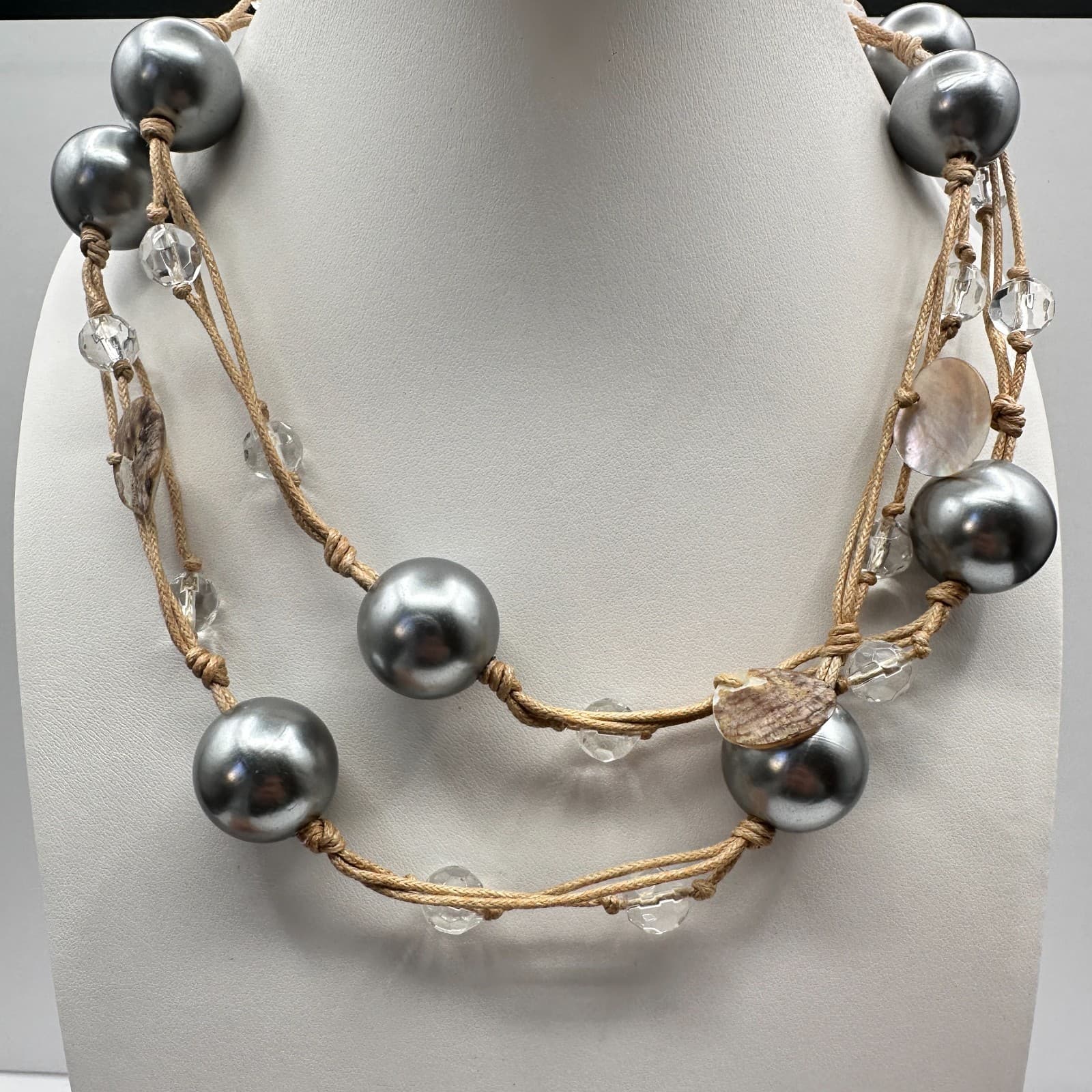 Vintage 90s Beaded Brown Cord Double Strand Statement Necklace Women's Jewelry - Thumbnail 7