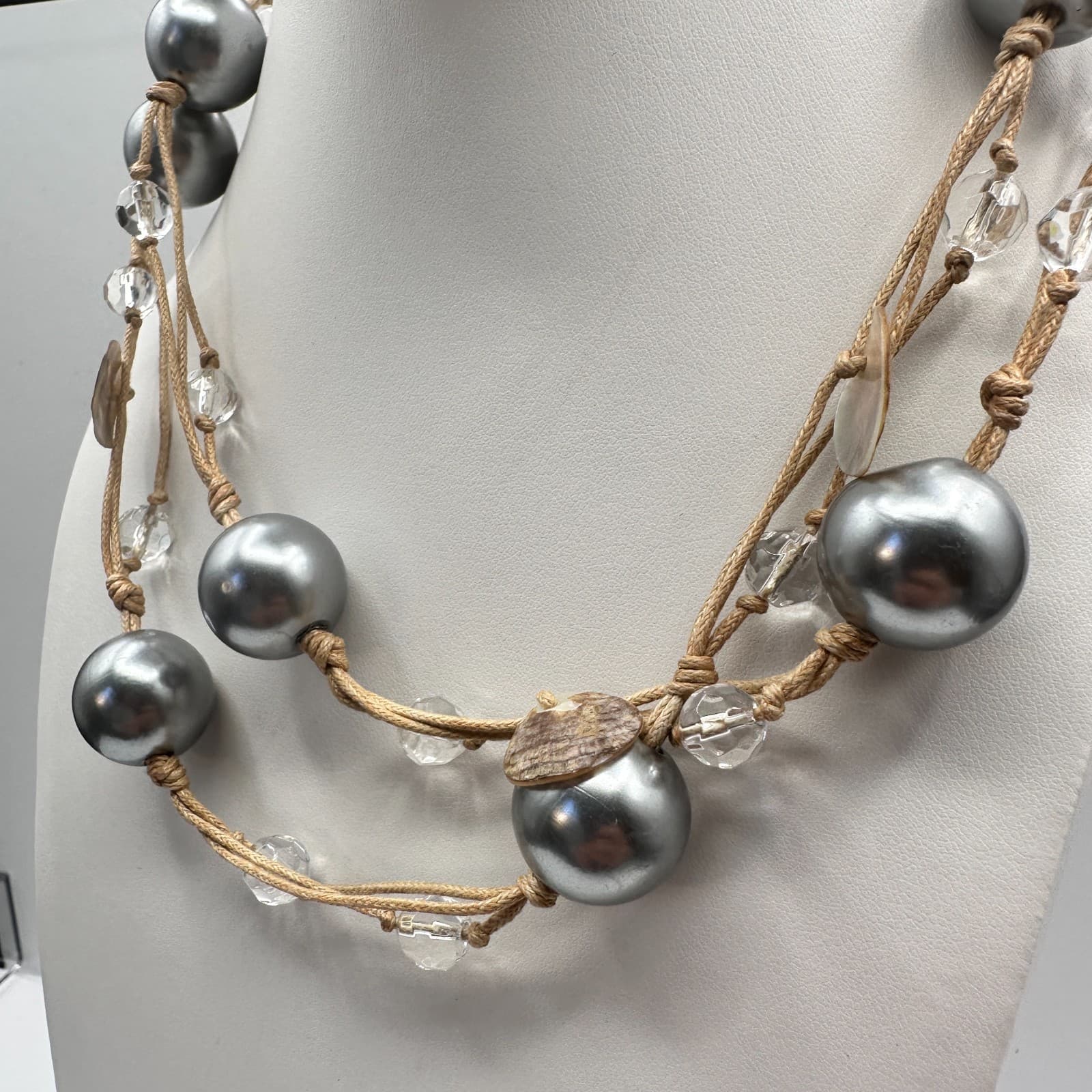 Vintage 90s Beaded Brown Cord Double Strand Statement Necklace Women's Jewelry - Thumbnail 6