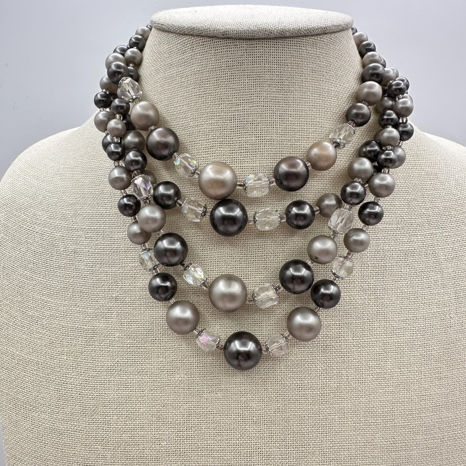Vintage 80s Multi-Strand Faux Pearl Clear Beaded Necklace Silver Tone Jewelry - Image 1