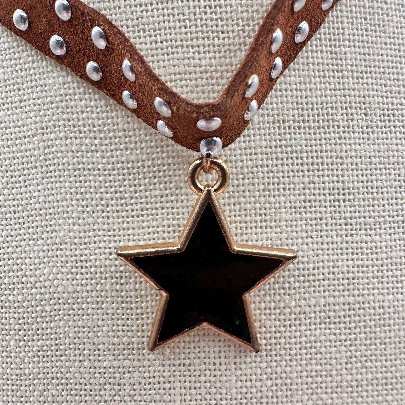 Vintage 90s Brown Studded Black Enamel Star Pendant Necklace Silver Tone Jewelry - Thumbnail 4