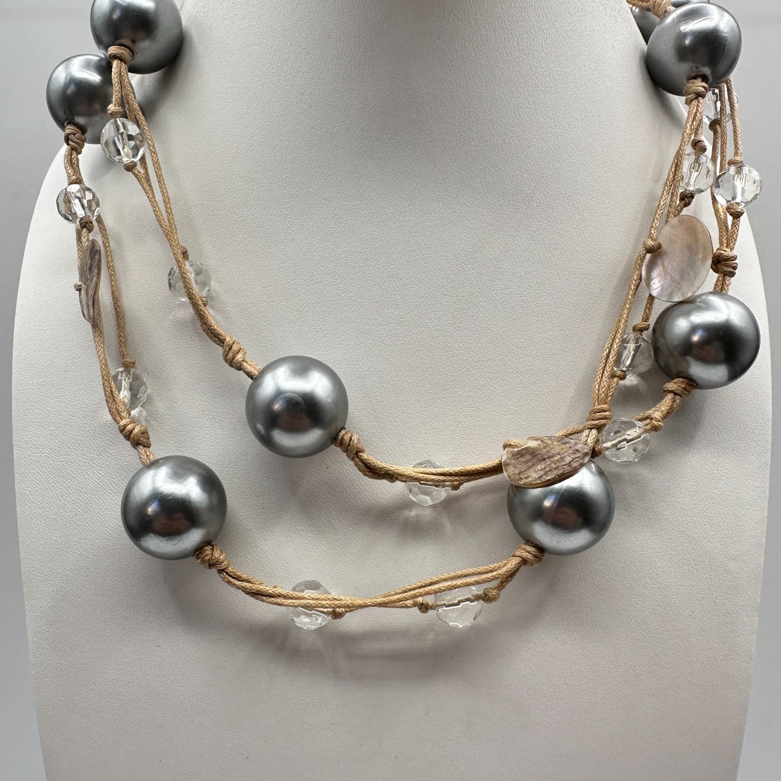 Vintage 90s Beaded Brown Cord Double Strand Statement Necklace Women's Jewelry - Thumbnail 2