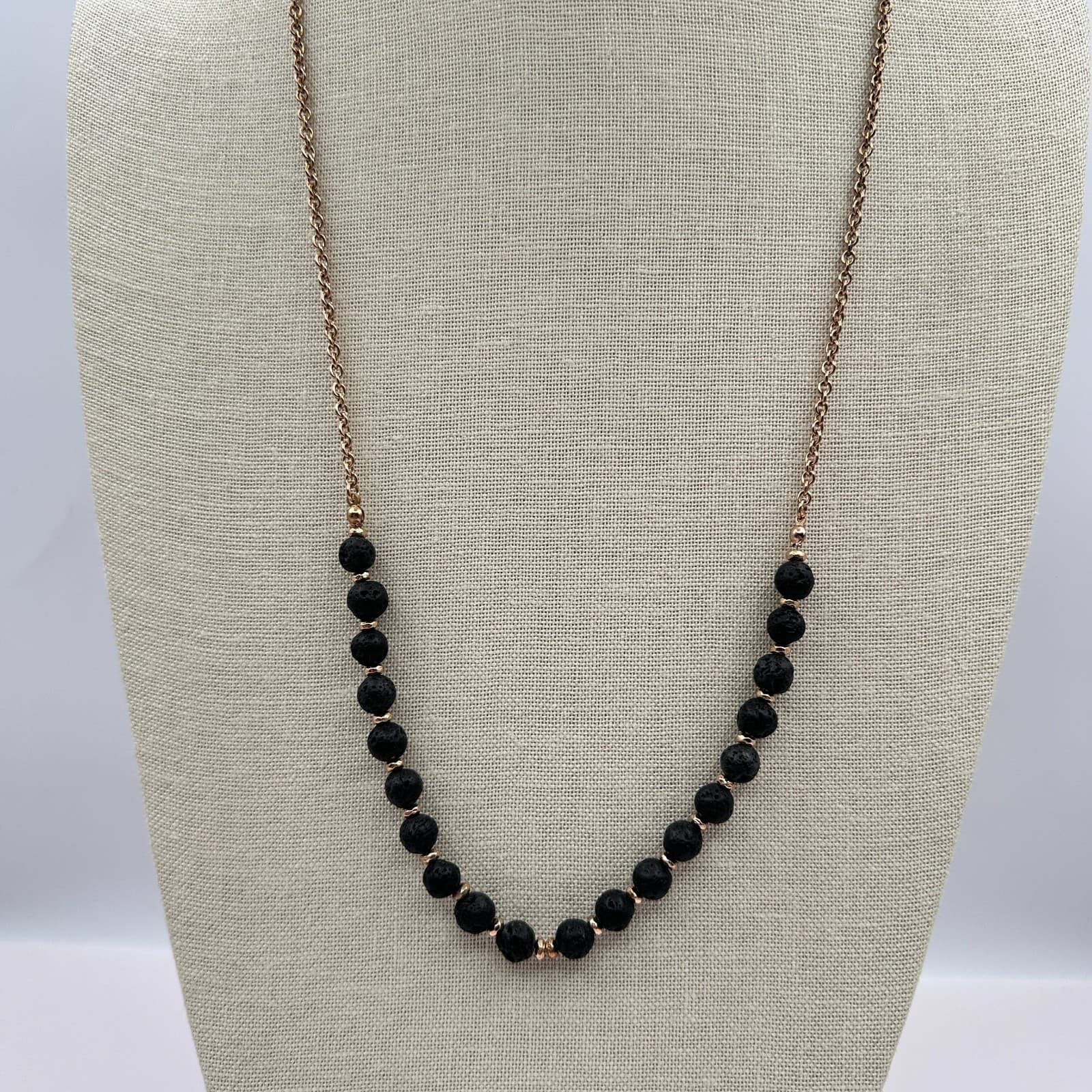 Vintage 90s Gold Tone Black Lava Rock Beaded Necklace Women's Jewelry - Image 1