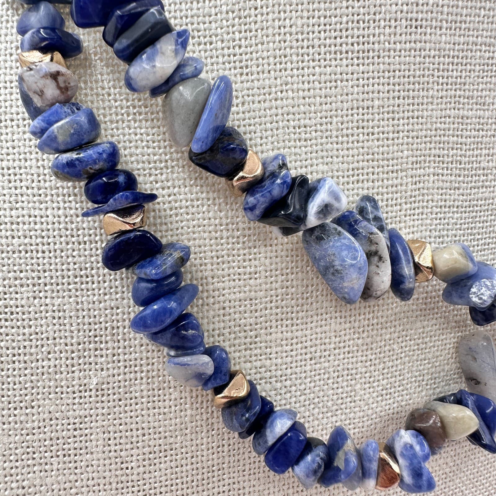 Vintage Y2K Gold Tone Double Strand Blue Sodalite Chip Chunky Necklace Jewelry - Thumbnail 4