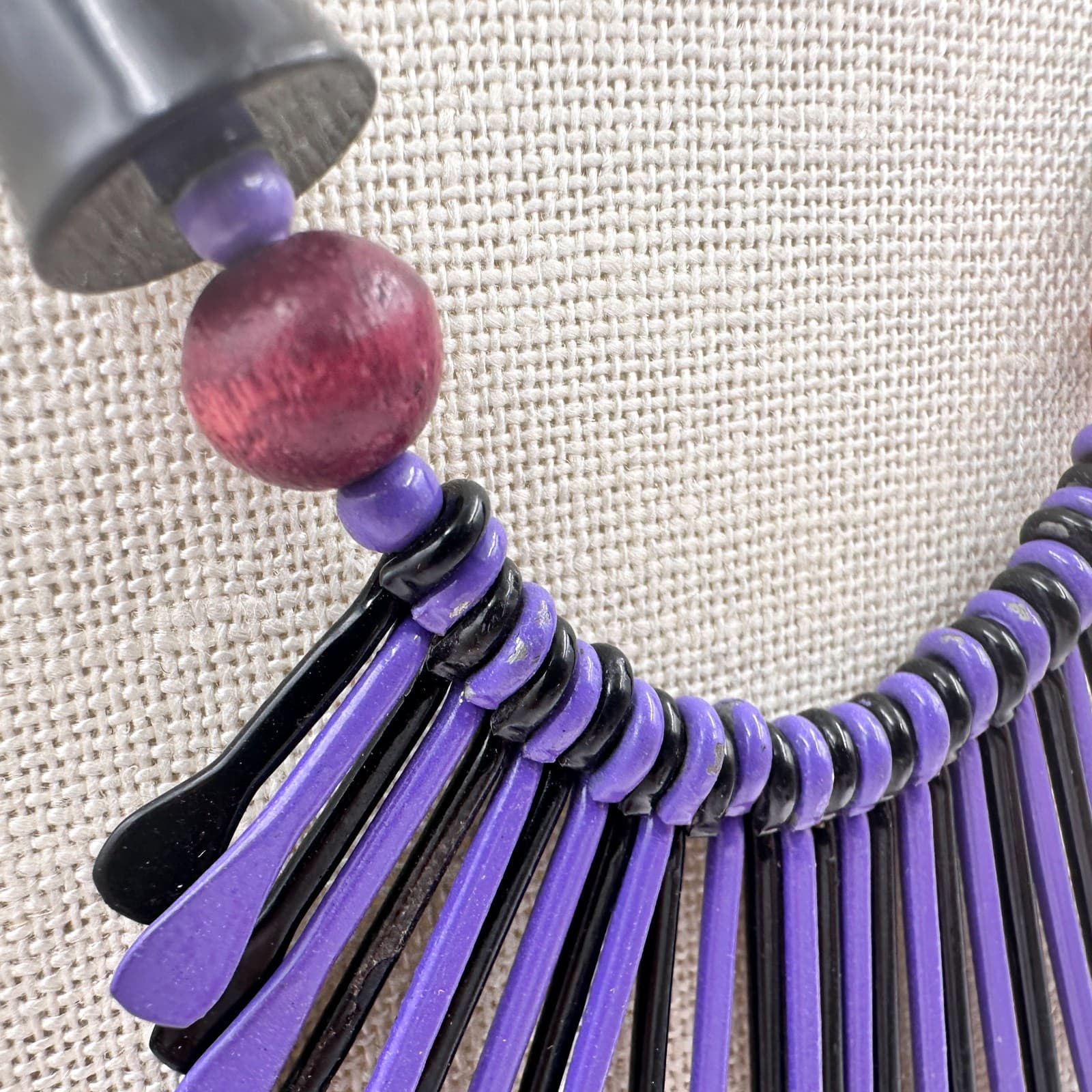 Vintage 80s Purple & Black Waterfall Spiked Wooden Beaded Bib Necklace Jewelry - Thumbnail 6