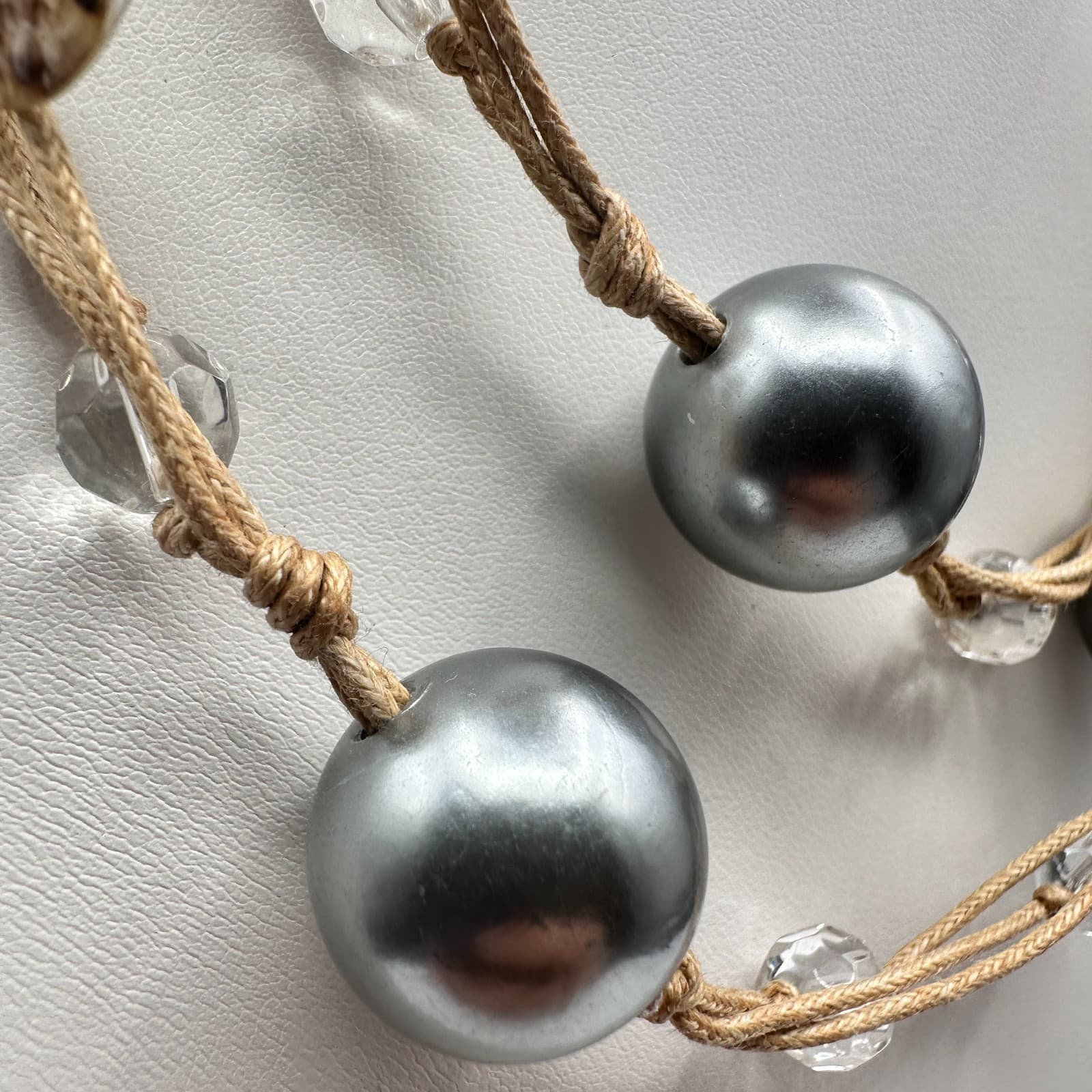 Vintage 90s Beaded Brown Cord Double Strand Statement Necklace Women's Jewelry - Thumbnail 4