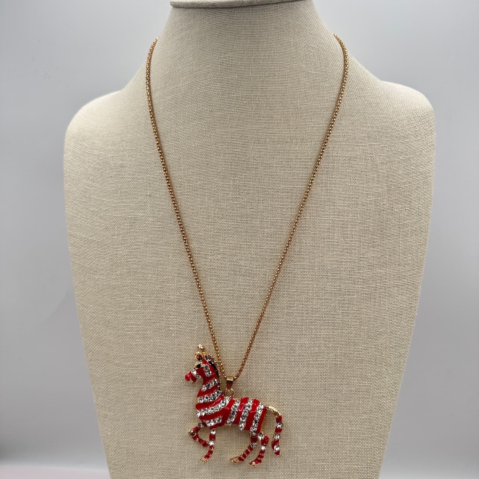 Vintage Betsy Johnson 90s Red Rhinestone Zebra Pendant Necklace Gold Jewelry - Thumbnail 5