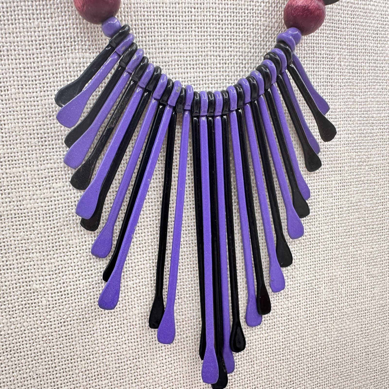 Vintage 80s Purple & Black Waterfall Spiked Wooden Beaded Bib Necklace Jewelry - Thumbnail 7