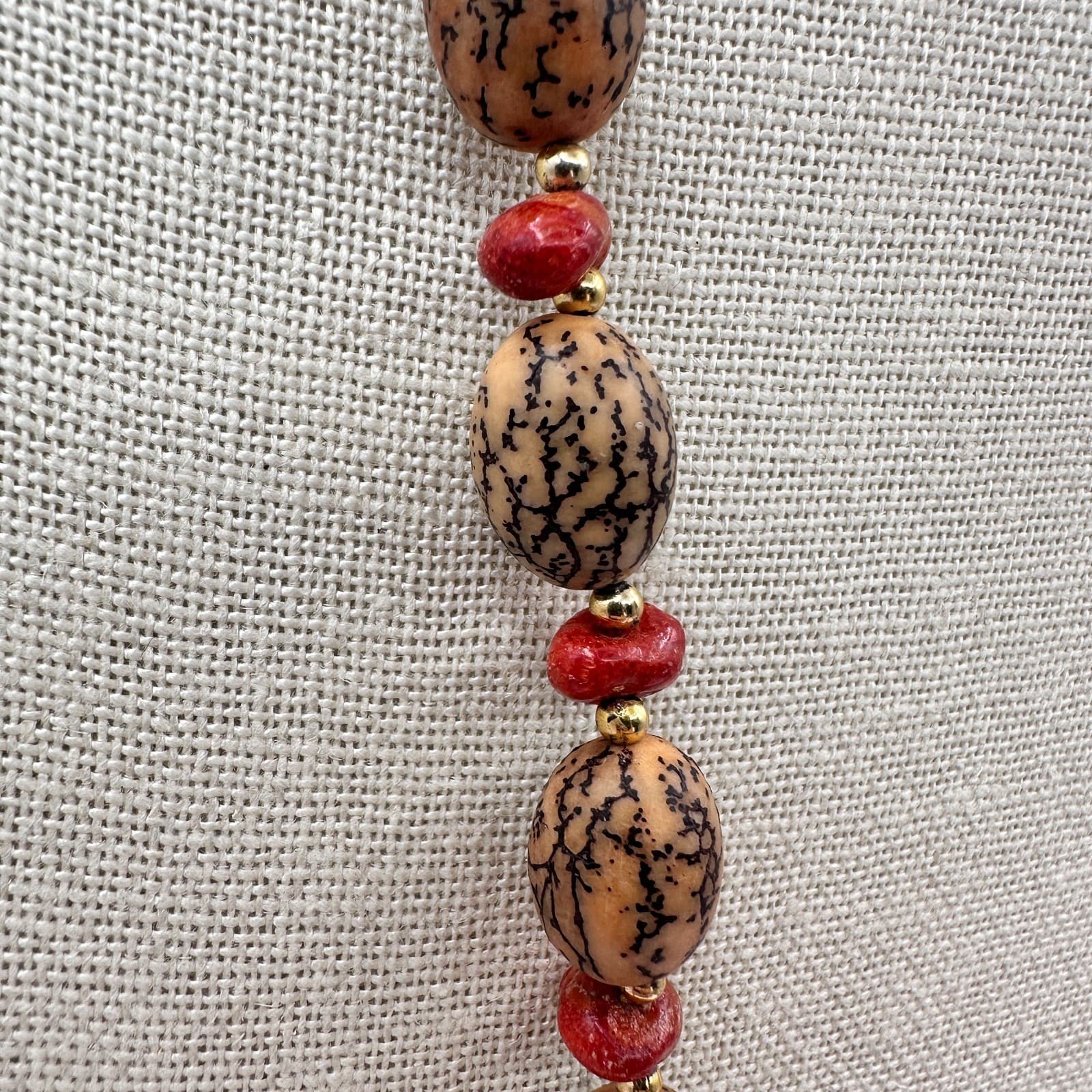 Vintage 90s Gold Tone Jasper & Wooden Beaded Necklace Women's Classic Jewelry - Thumbnail 3
