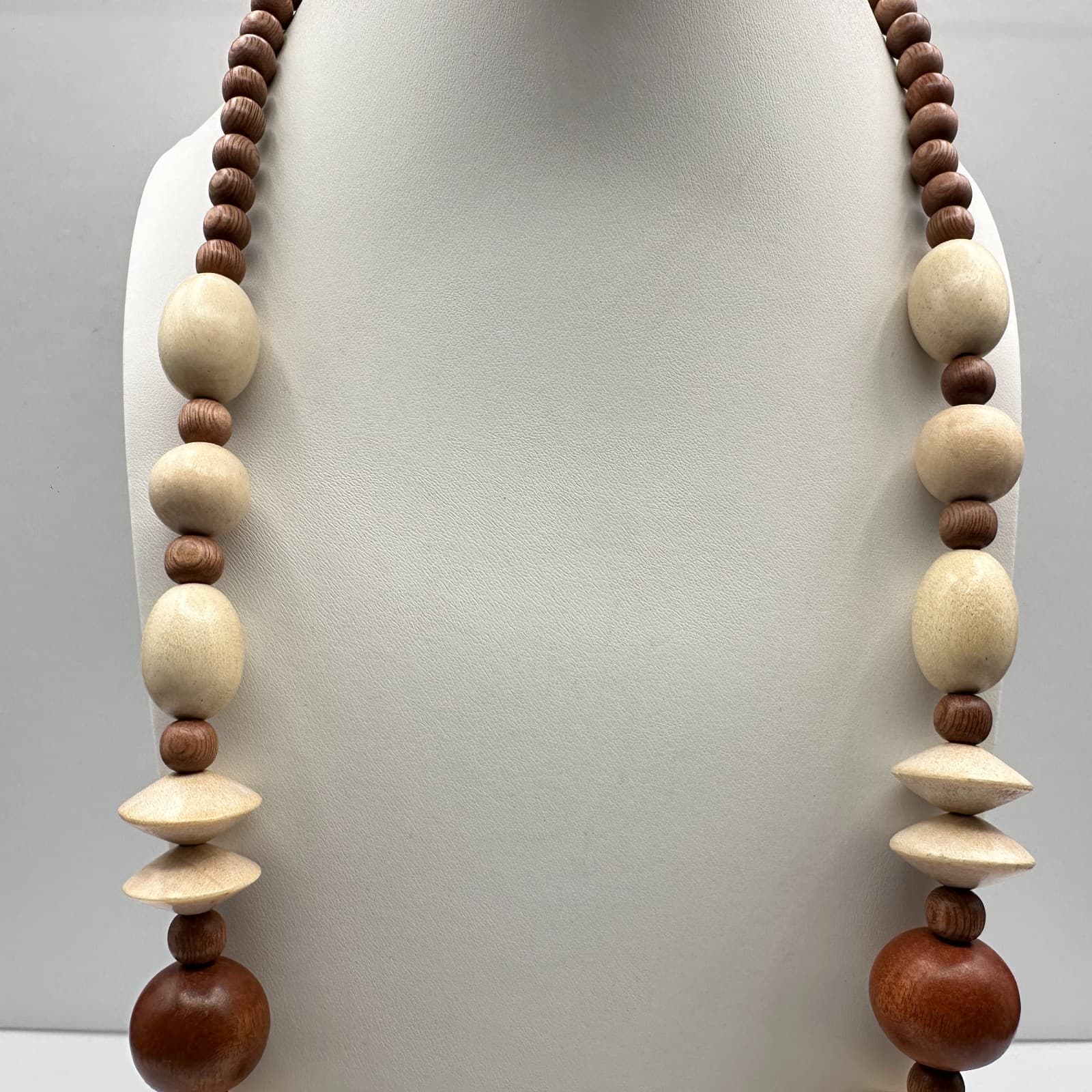 Vintage 90s Wooden Statement Necklace Multi-Shape Brown Cream Beads Boho - Thumbnail 3