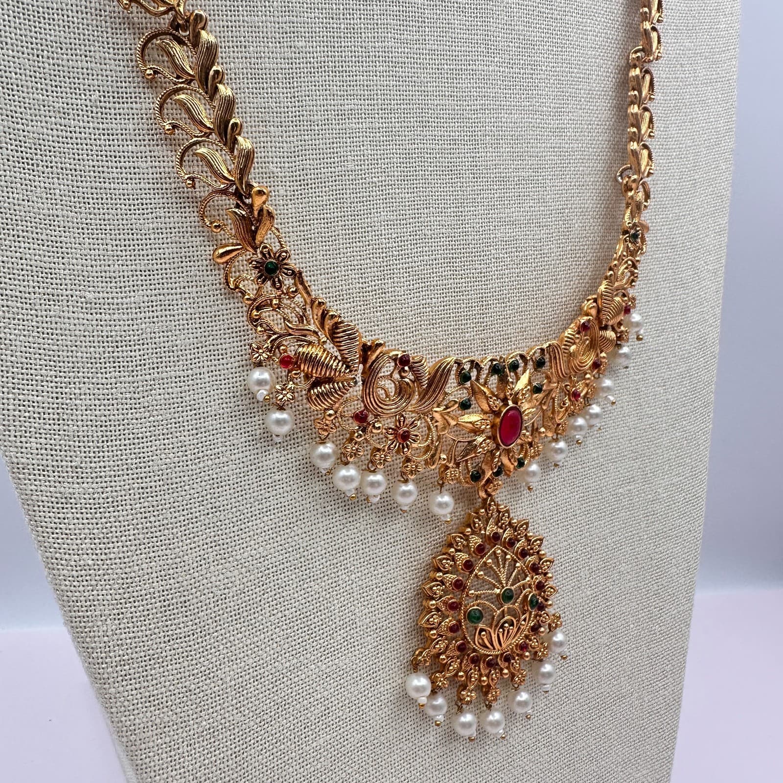 Vintage Y2K Gold Tone Cabochons Faux Pearl Necklace Women's Classic Jewelry - Thumbnail 4