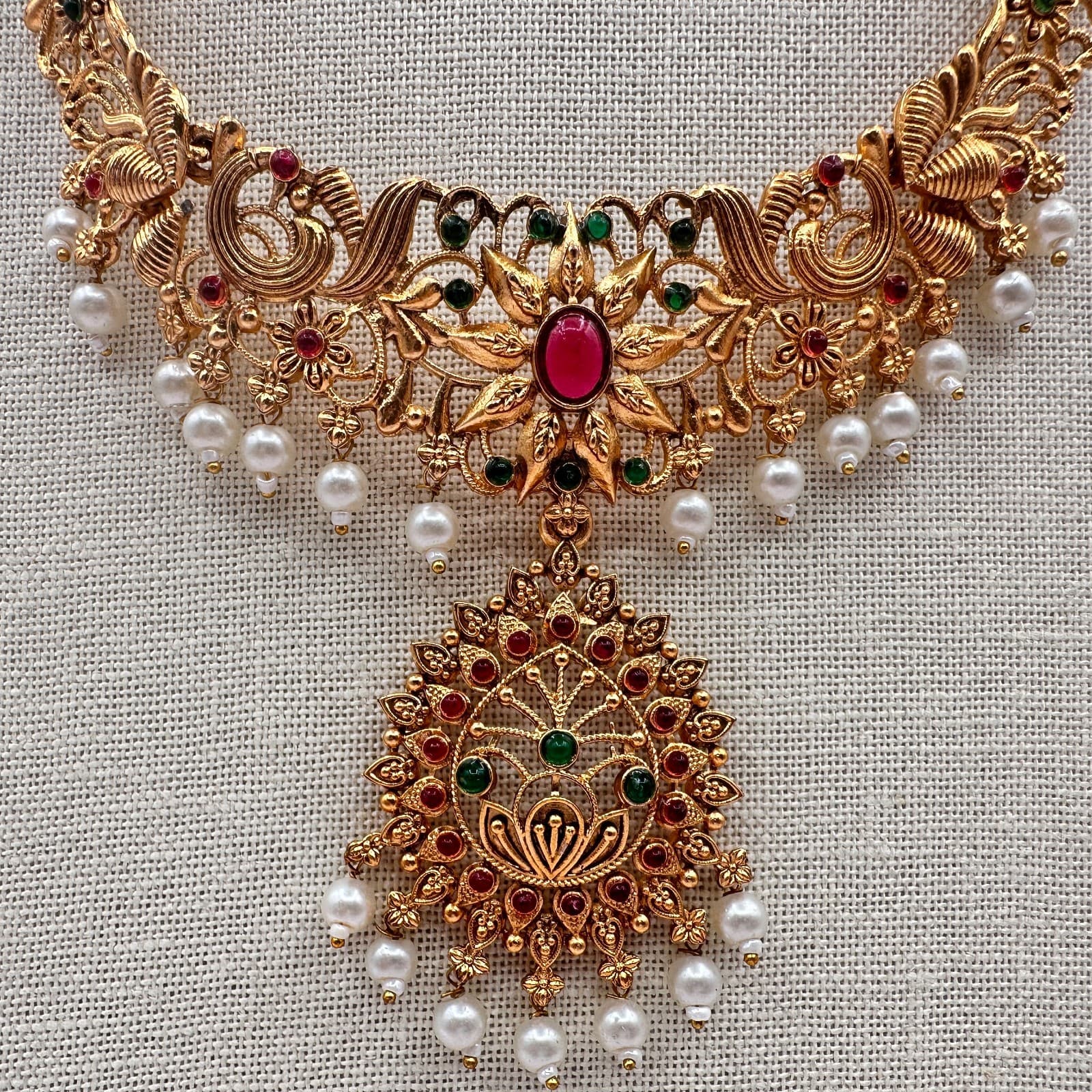 Vintage Y2K Gold Tone Cabochons Faux Pearl Necklace Women's Classic Jewelry - Thumbnail 7