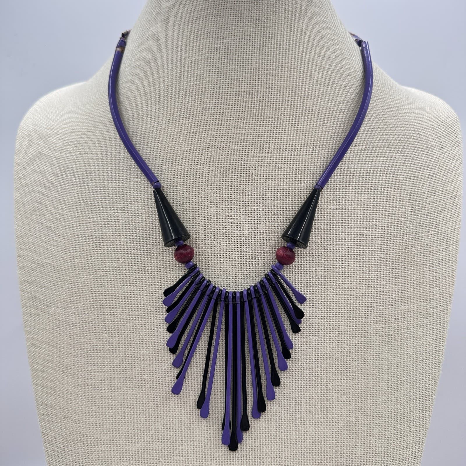 Vintage 80s Purple & Black Waterfall Spiked Wooden Beaded Bib Necklace Jewelry - Image 1