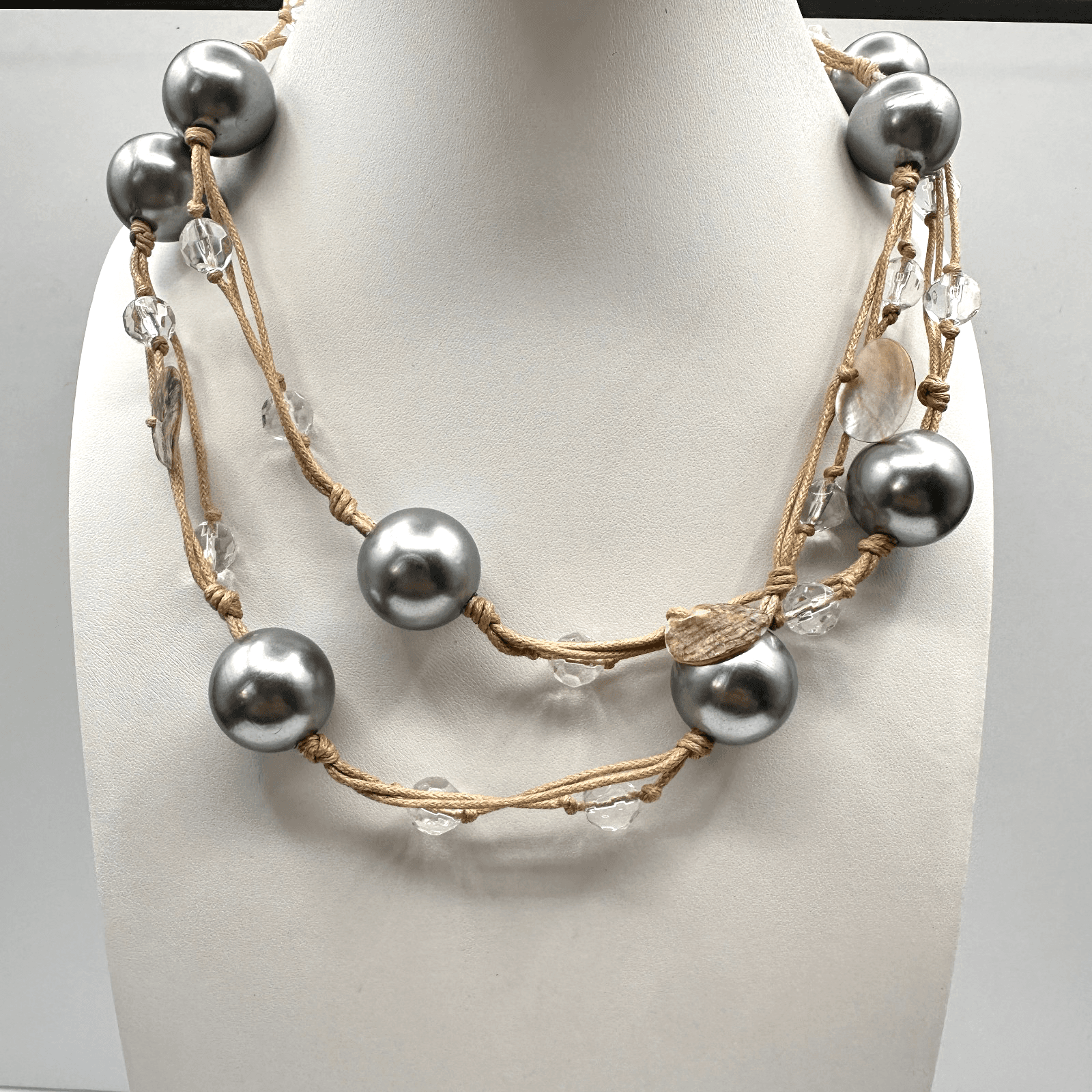 Vintage 90s Beaded Brown Cord Double Strand Statement Necklace Women's Jewelry - Image 1