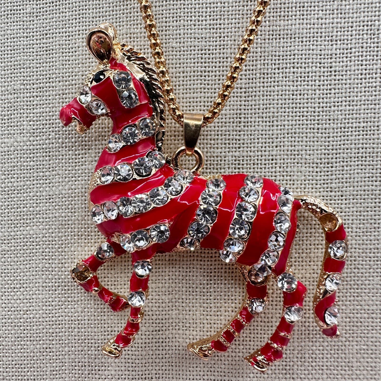 Vintage Betsy Johnson 90s Red Rhinestone Zebra Pendant Necklace Gold Jewelry - Thumbnail 6