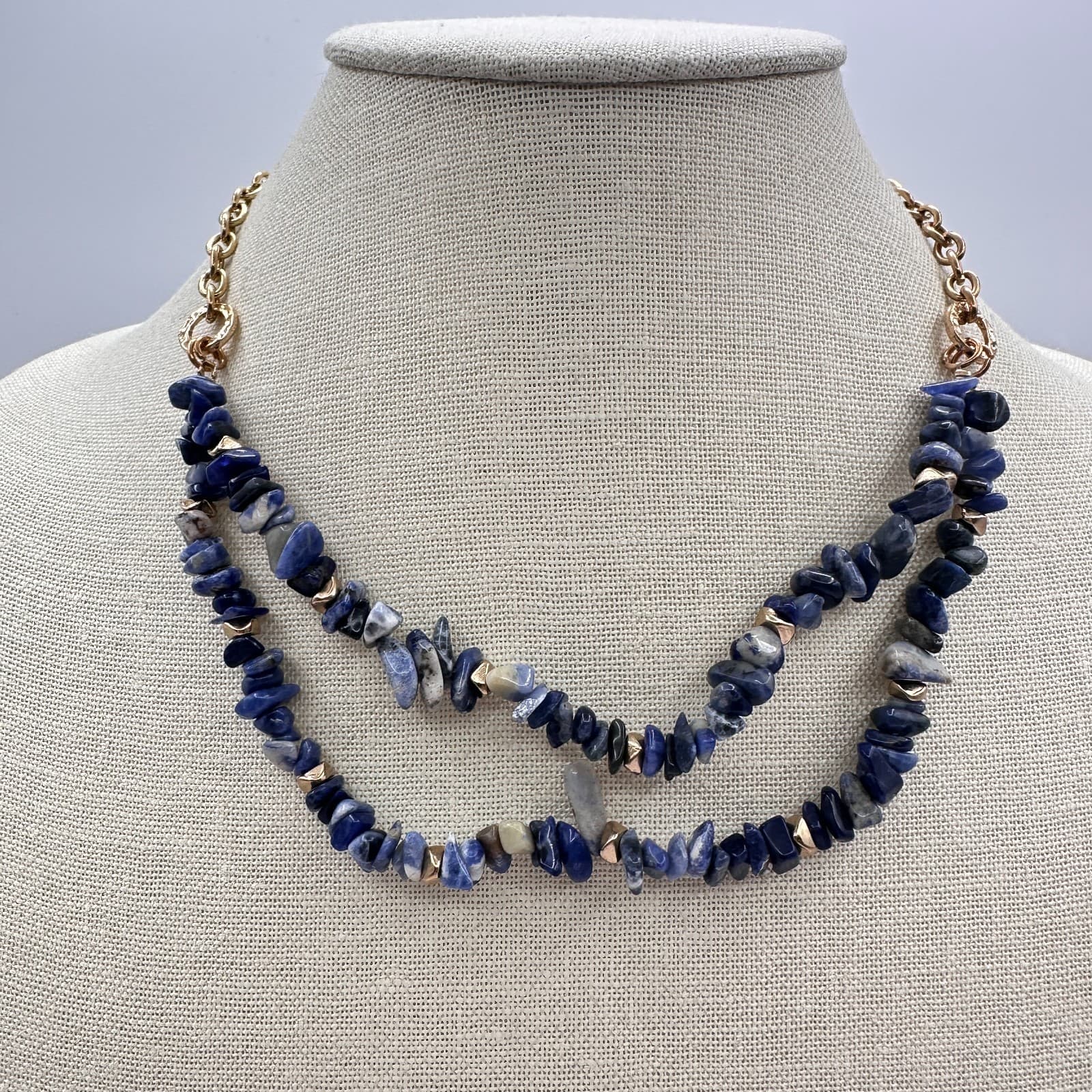 Vintage Y2K Gold Tone Double Strand Blue Sodalite Chip Chunky Necklace Jewelry - Thumbnail 7