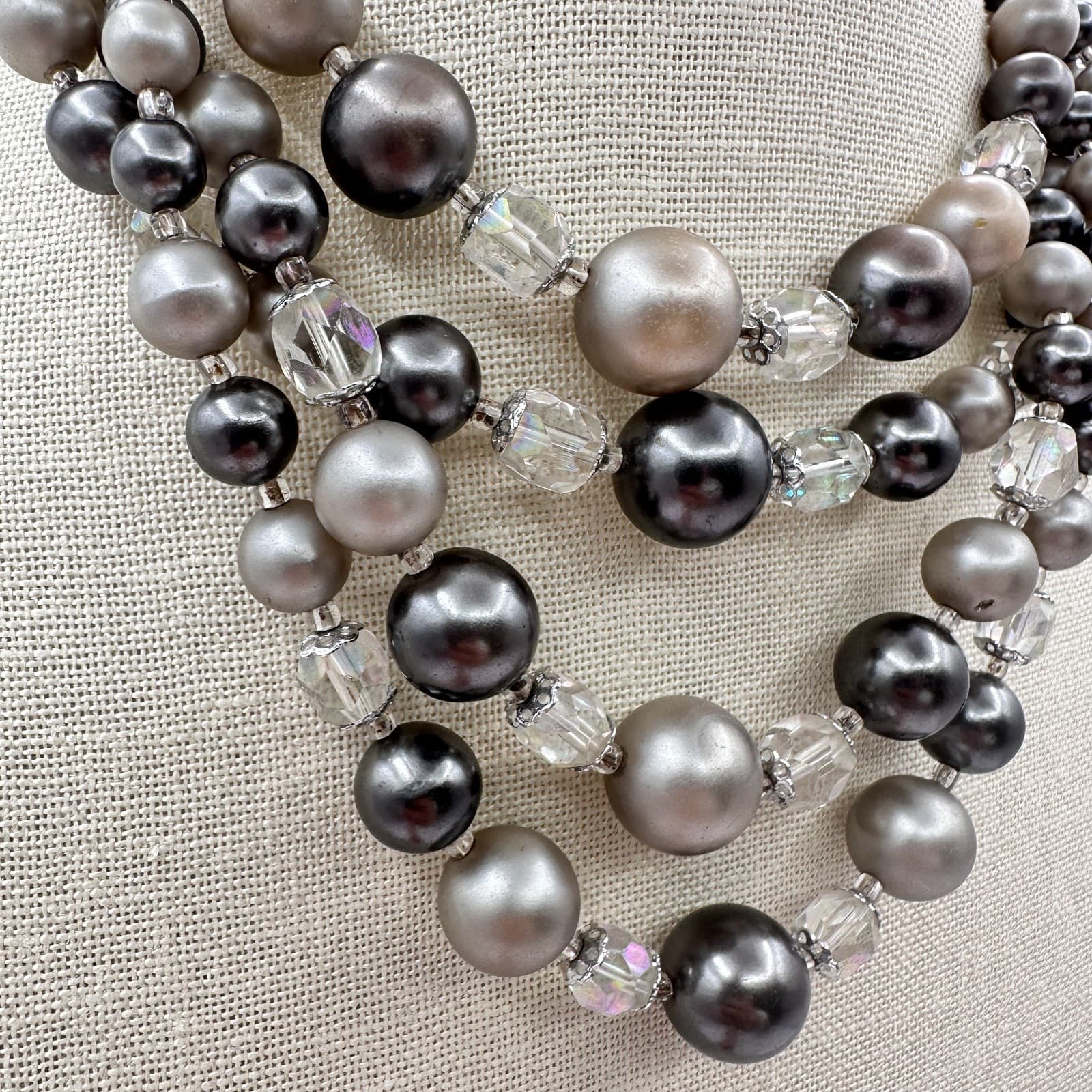 Vintage 80s Multi-Strand Faux Pearl Clear Beaded Necklace Silver Tone Jewelry - Thumbnail 3