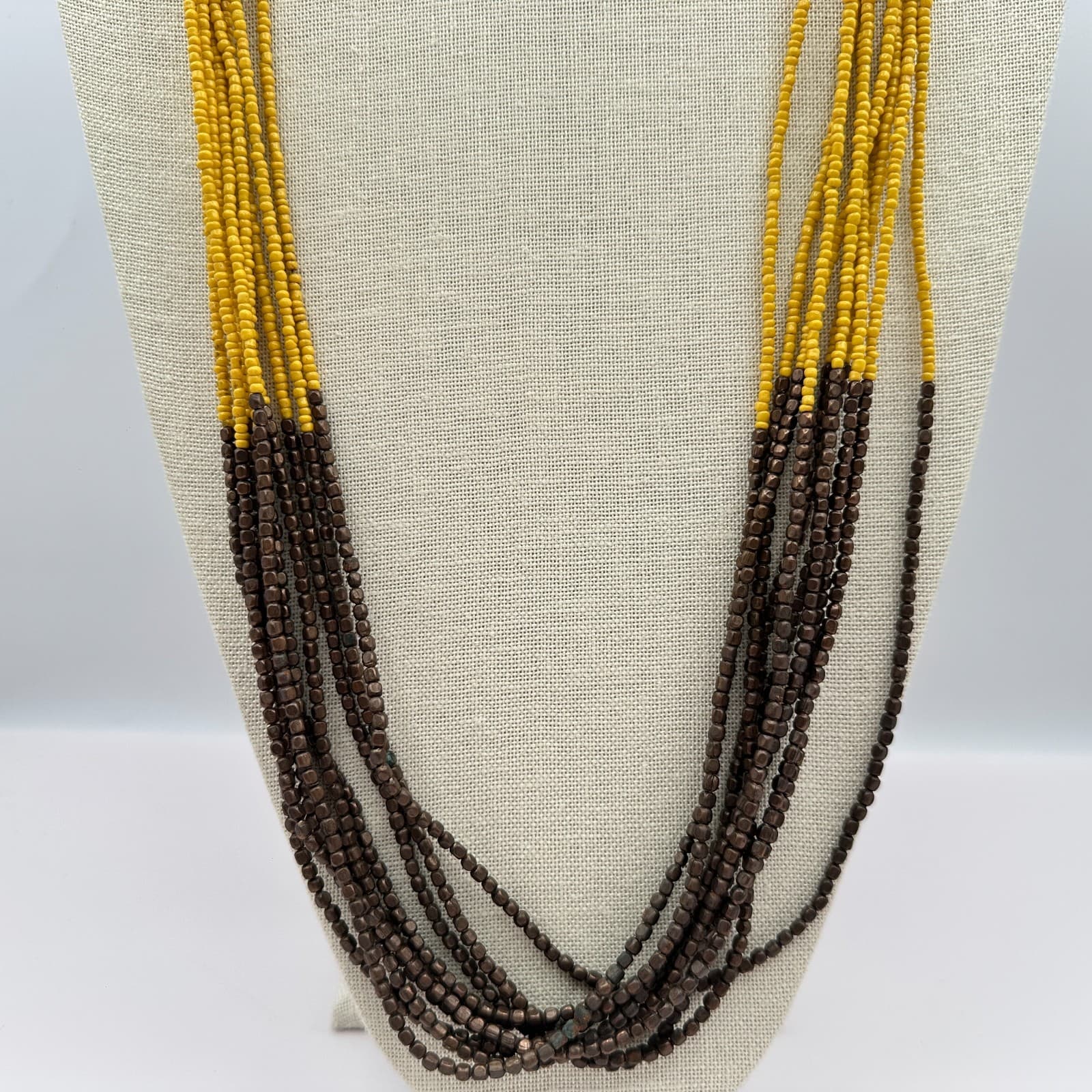Vintage 90s Yellow & Brown Multi Strand Seed Beaded Necklace Women's Jewelry - Thumbnail 5