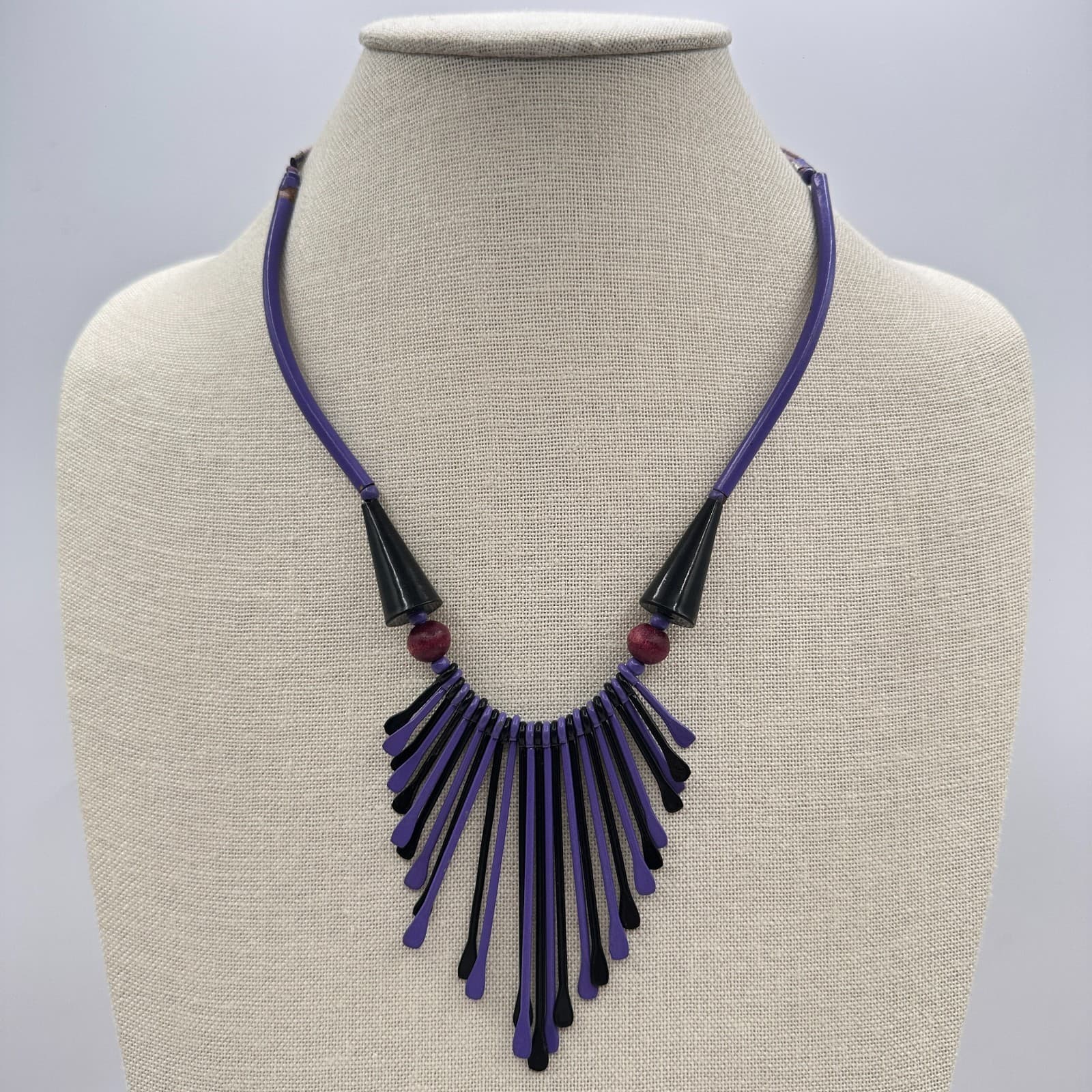 Vintage 80s Purple & Black Waterfall Spiked Wooden Beaded Bib Necklace Jewelry - Thumbnail 2