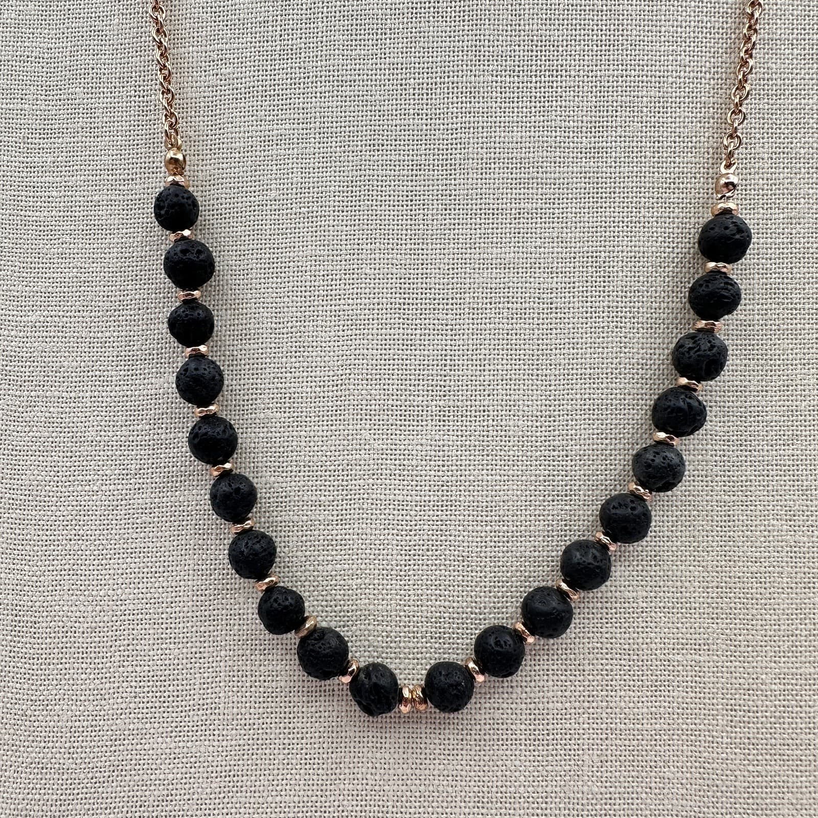Vintage 90s Gold Tone Black Lava Rock Beaded Necklace Women's Jewelry - Thumbnail 3