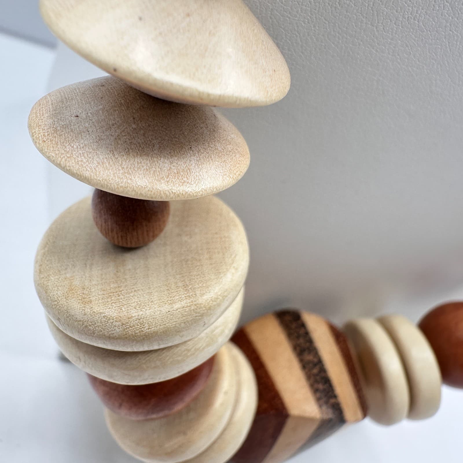 Vintage 90s Wooden Statement Necklace Multi-Shape Brown Cream Beads Boho - Thumbnail 5