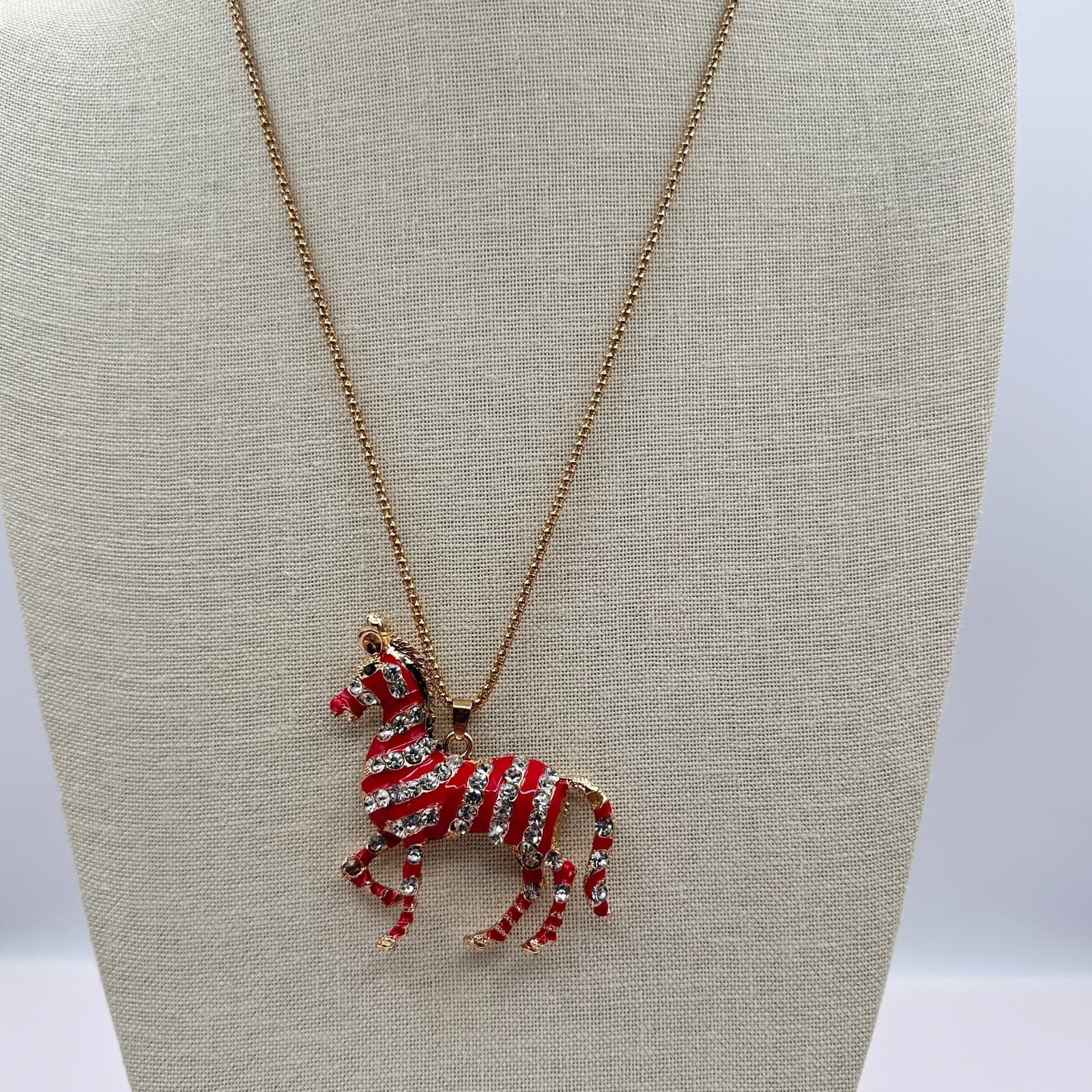 Vintage Betsy Johnson 90s Red Rhinestone Zebra Pendant Necklace Gold Jewelry - Thumbnail 2