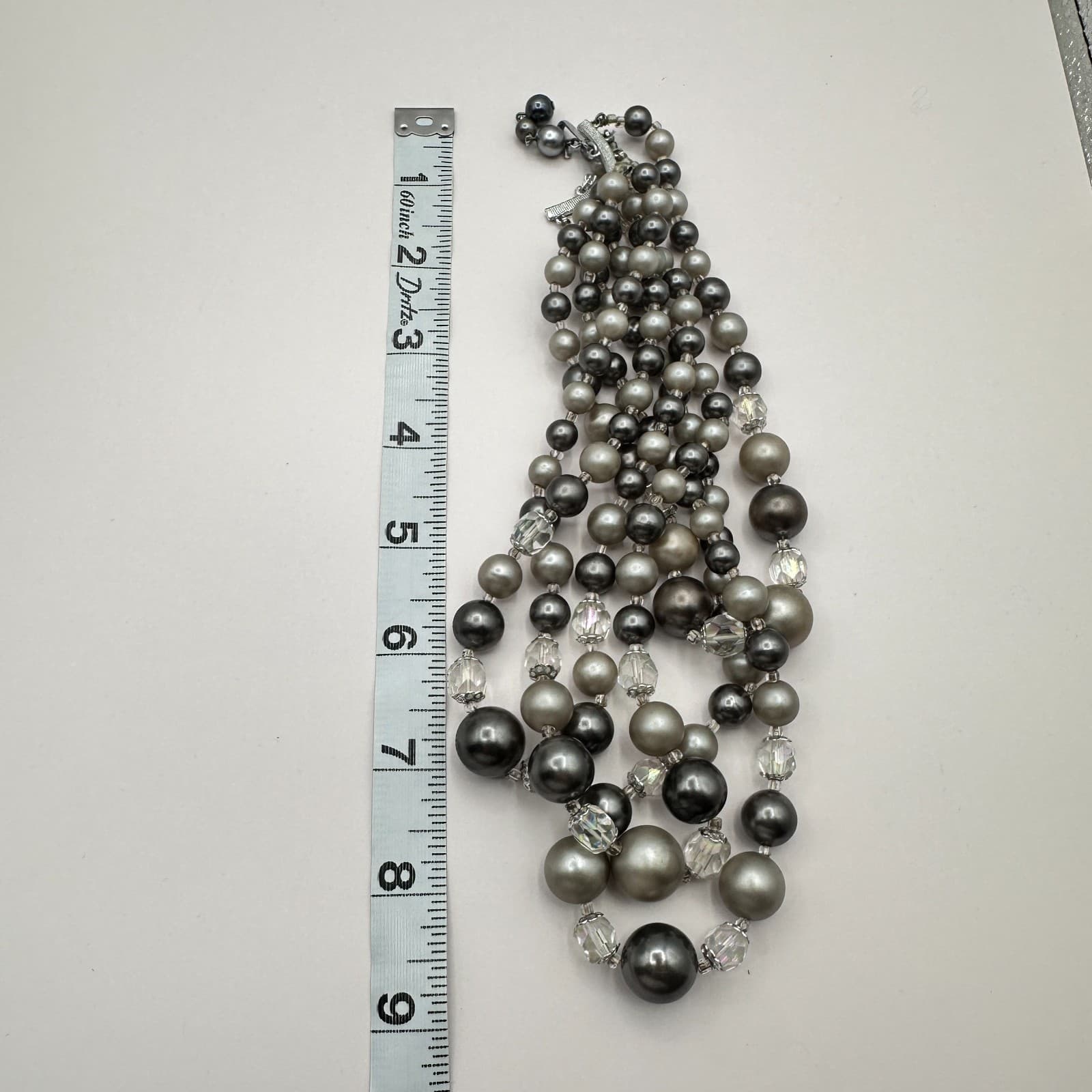 Vintage 80s Multi-Strand Faux Pearl Clear Beaded Necklace Silver Tone Jewelry - Thumbnail 10