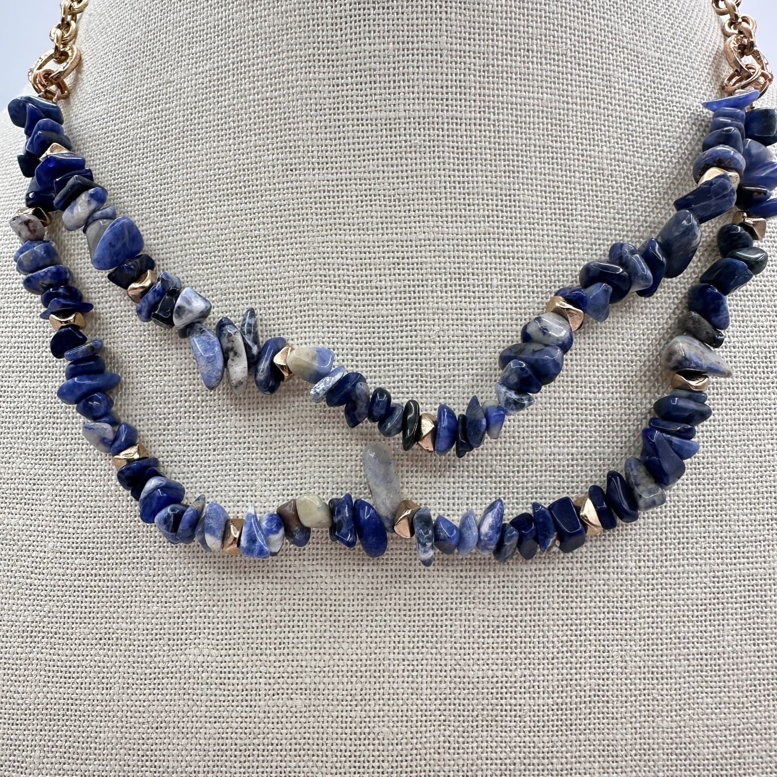 Vintage Y2K Gold Tone Double Strand Blue Sodalite Chip Chunky Necklace Jewelry - Thumbnail 6