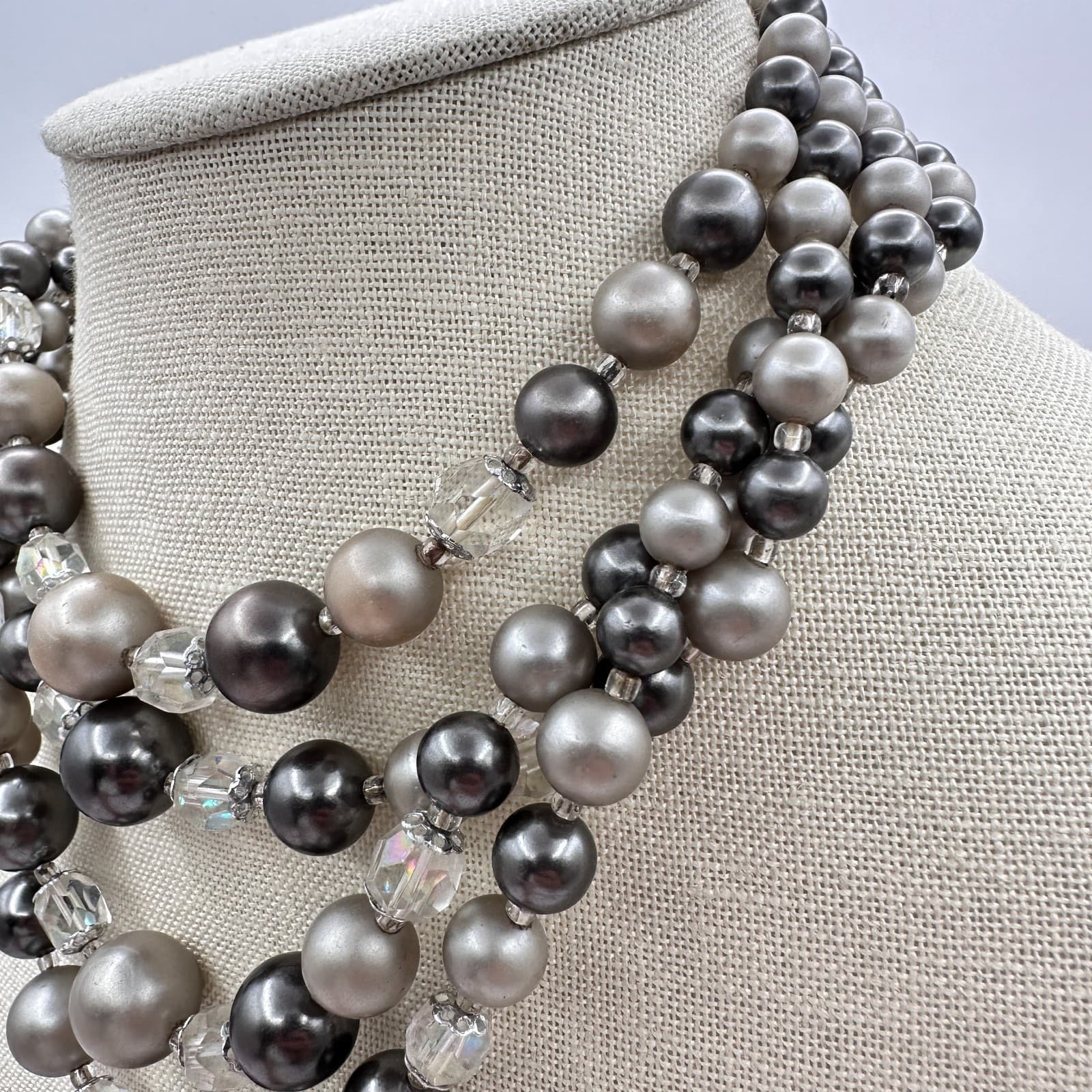 Vintage 80s Multi-Strand Faux Pearl Clear Beaded Necklace Silver Tone Jewelry - Thumbnail 7