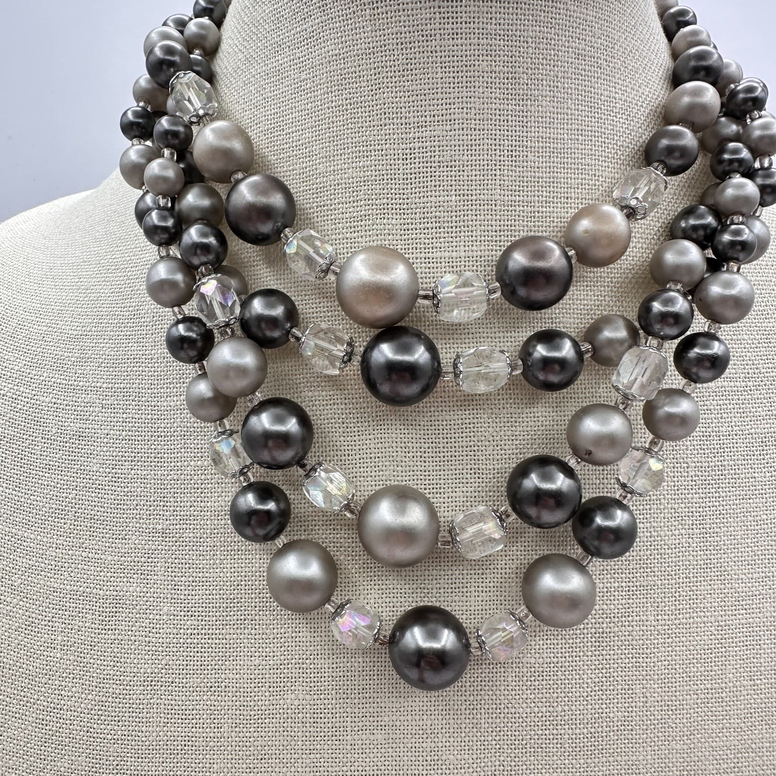 Vintage 80s Multi-Strand Faux Pearl Clear Beaded Necklace Silver Tone Jewelry - Thumbnail 2