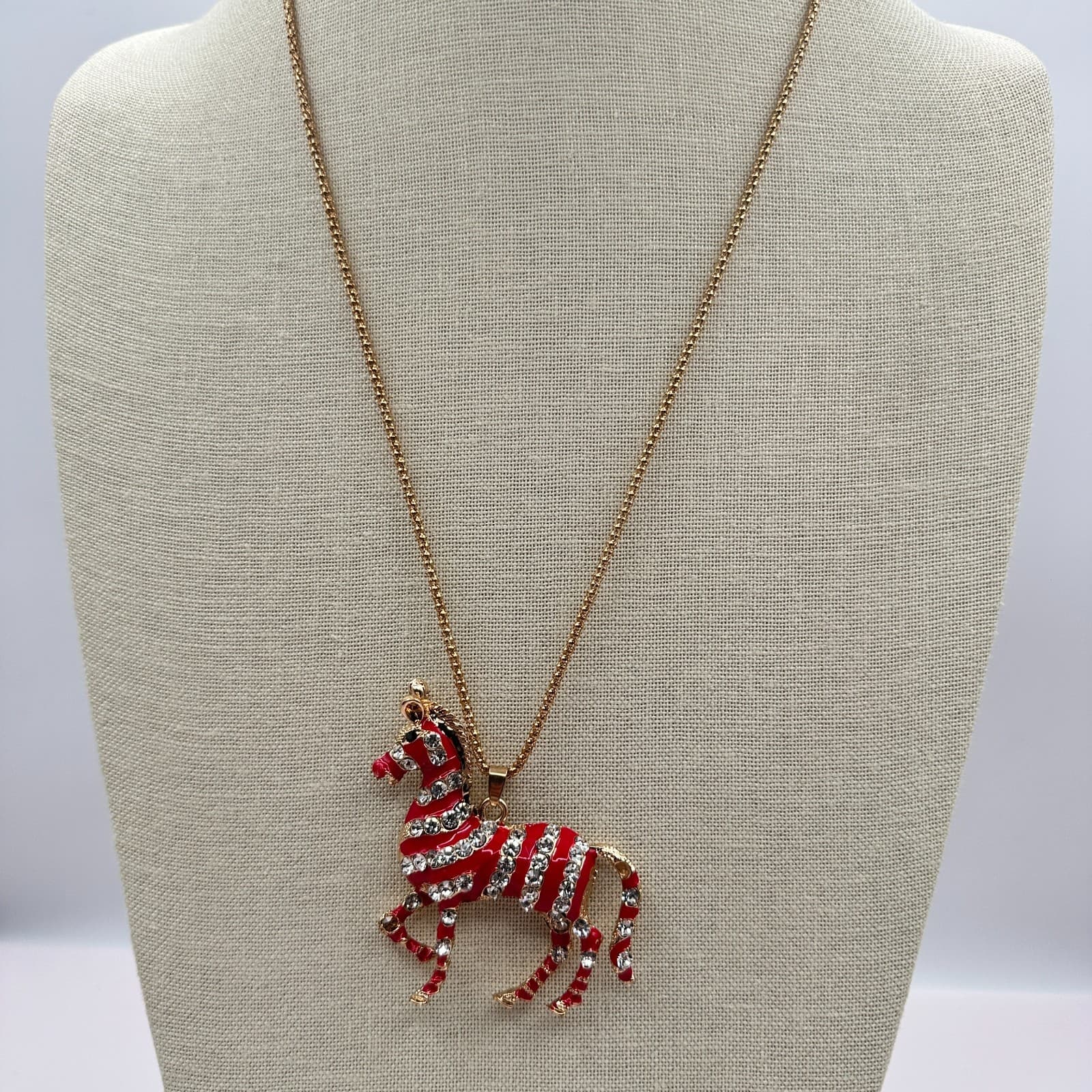 Vintage Betsy Johnson 90s Red Rhinestone Zebra Pendant Necklace Gold Jewelry - Thumbnail 4