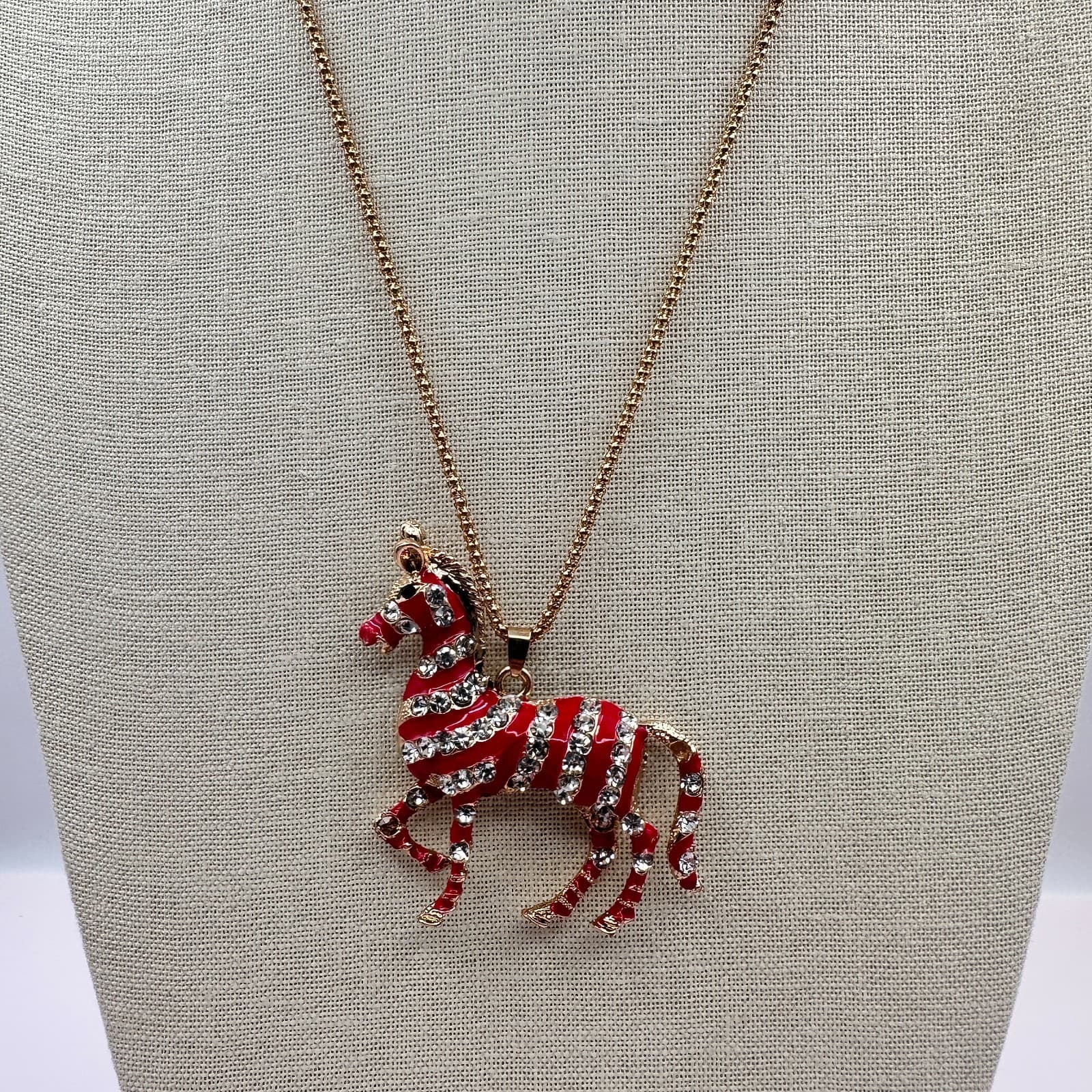 Vintage Betsy Johnson 90s Red Rhinestone Zebra Pendant Necklace Gold Jewelry - Thumbnail 3