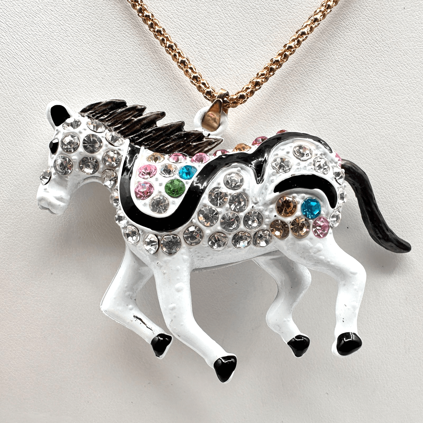 Vintage 80s Betsey Johnson Gold Tone Horse Pendant Necklace Women's Jewelry - Image 1