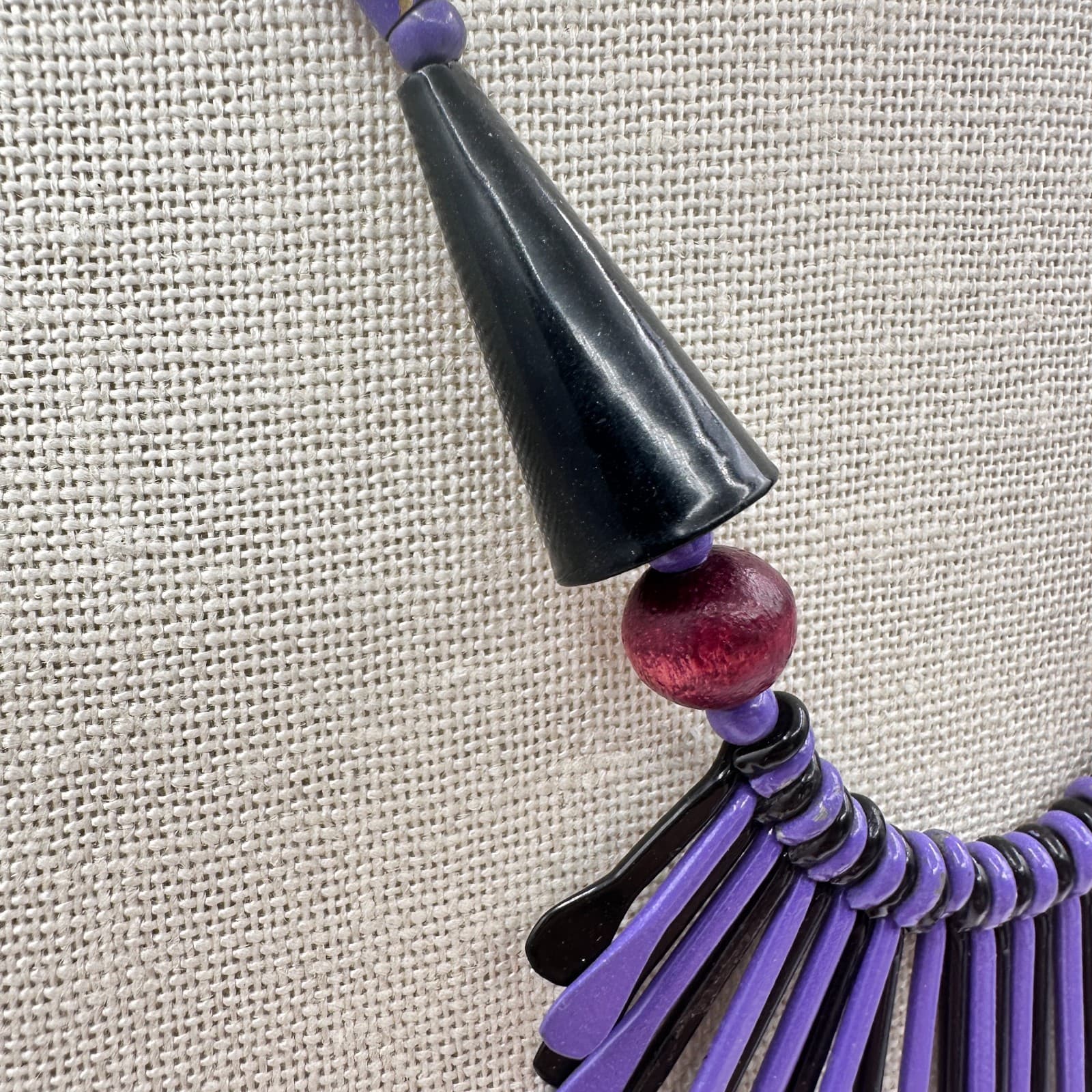 Vintage 80s Purple & Black Waterfall Spiked Wooden Beaded Bib Necklace Jewelry - Thumbnail 5